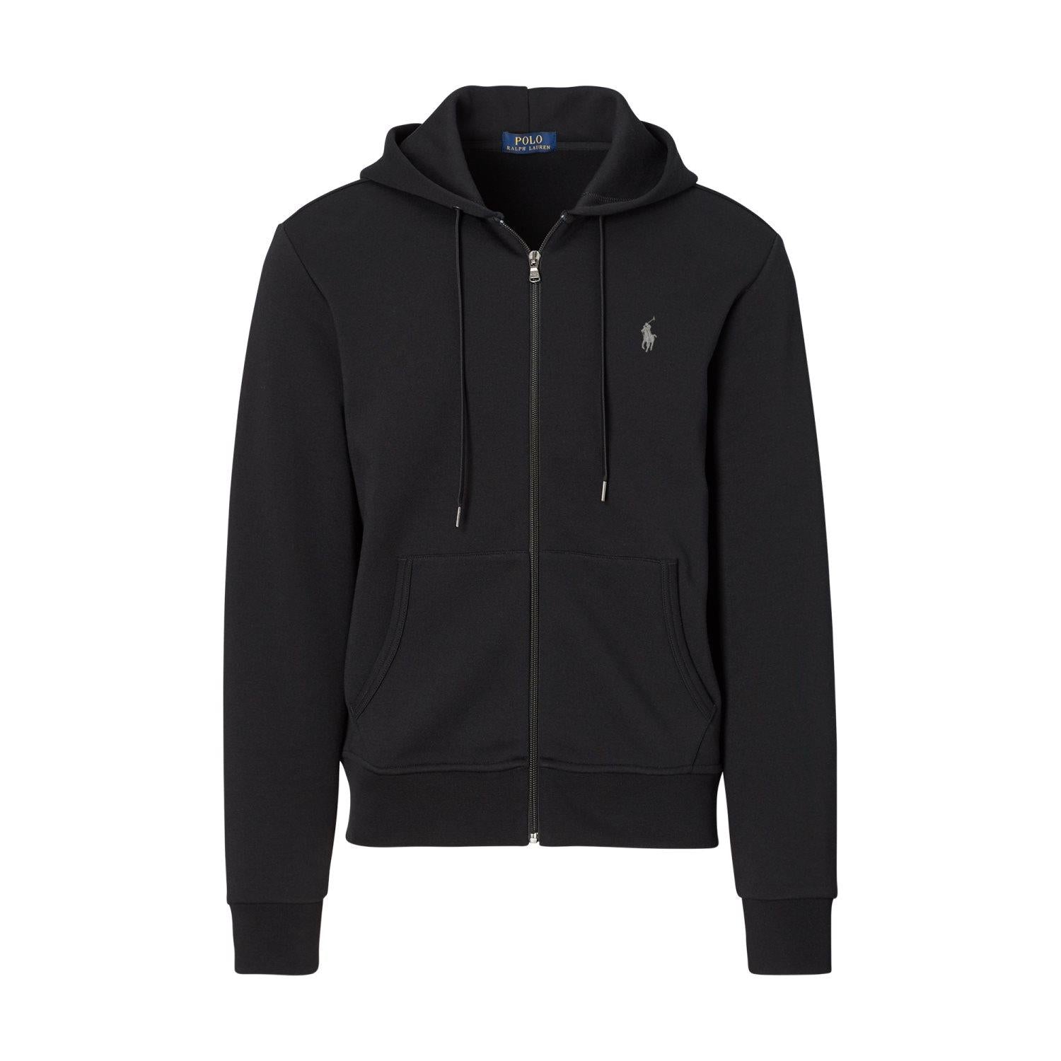 Sort Polo Ralph Lauren dobbeltnåls full-zip hettejakke med glidelås og ribbestrikkede mansjetter, laget av mykt bomullsmateriale.