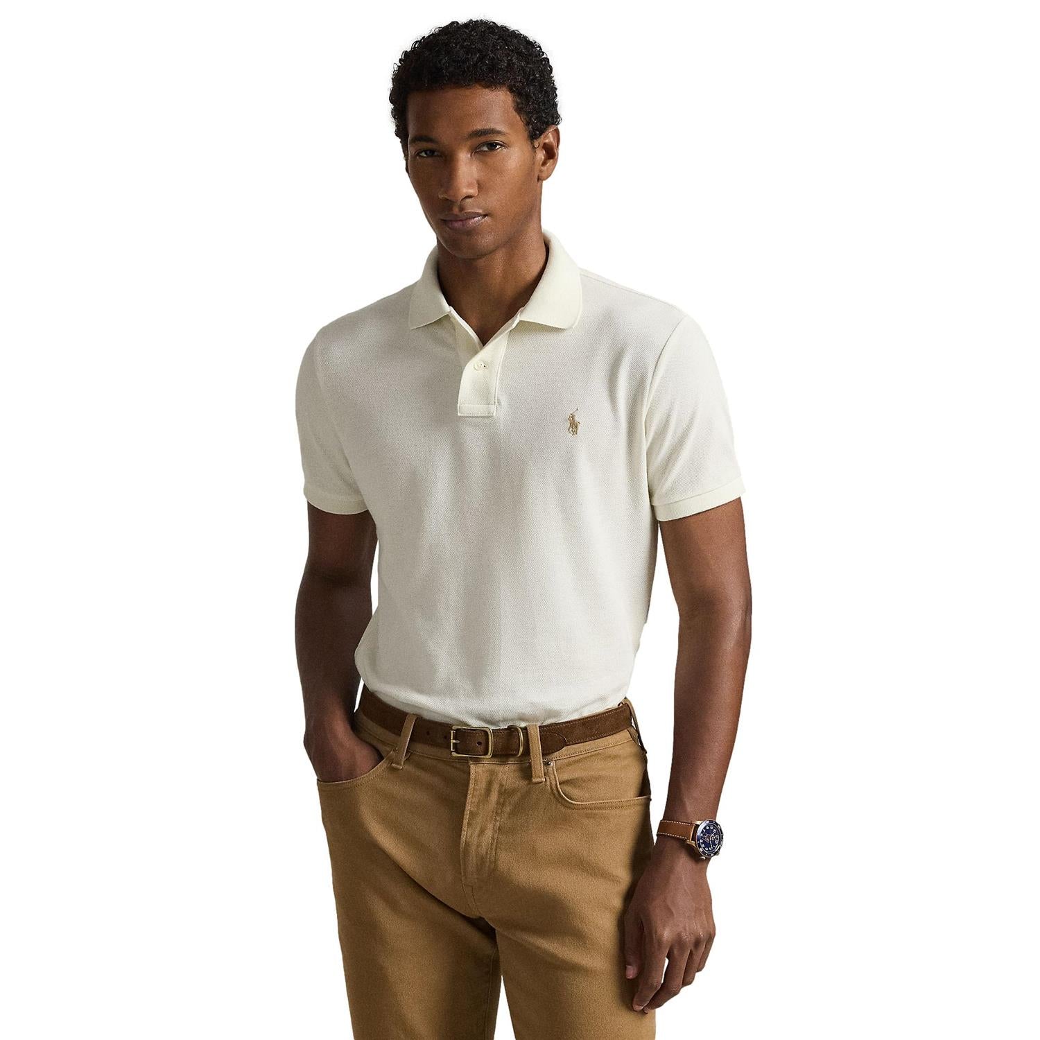 Polo Ralph Lauren Custom Slim Fit Mesh Polo T-Shirt Off-White - chrismoa.no