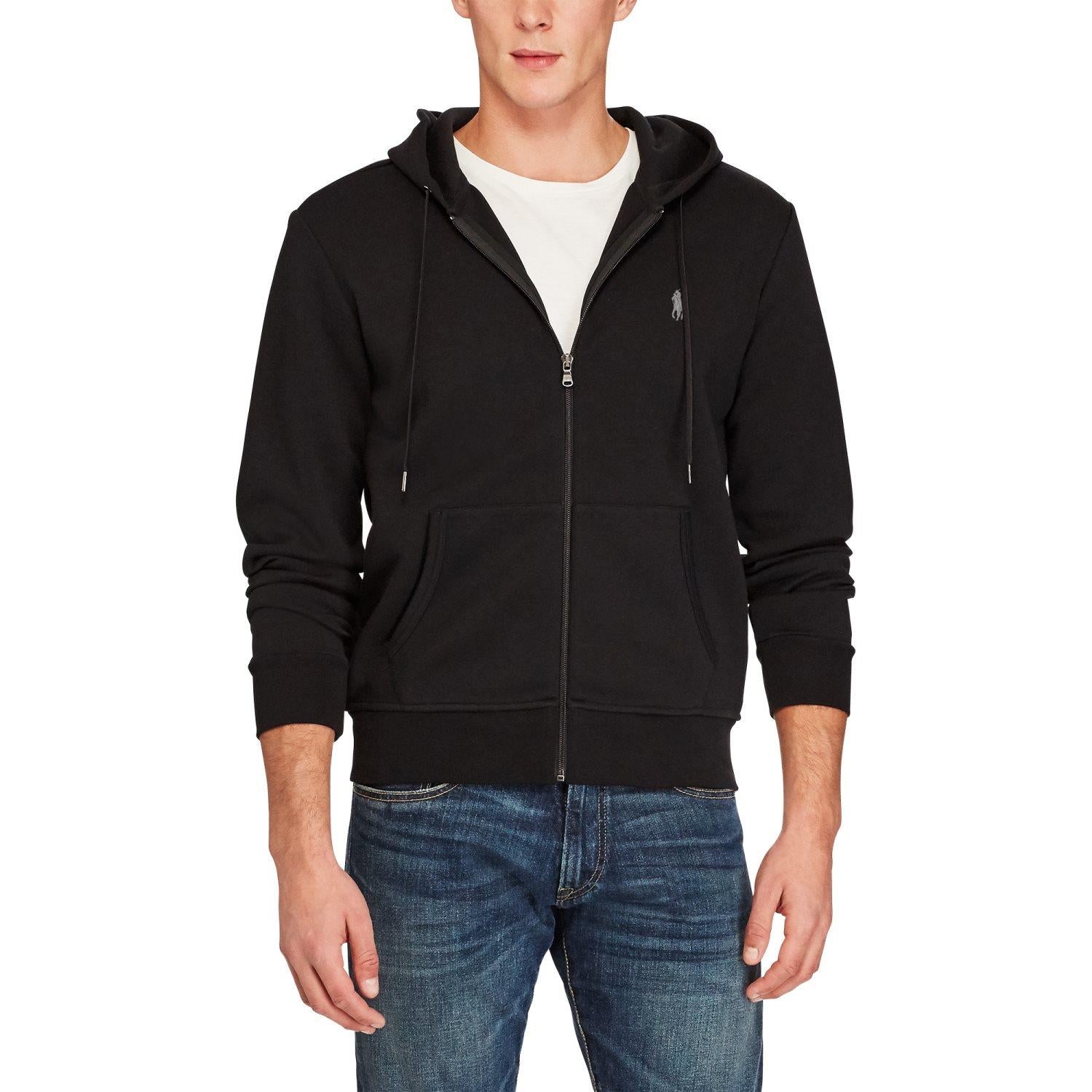 Sort Polo Ralph Lauren doblestrikk full-zip hoodie genser med glidelås og ribbestrikket mansjetter, sett forfra.