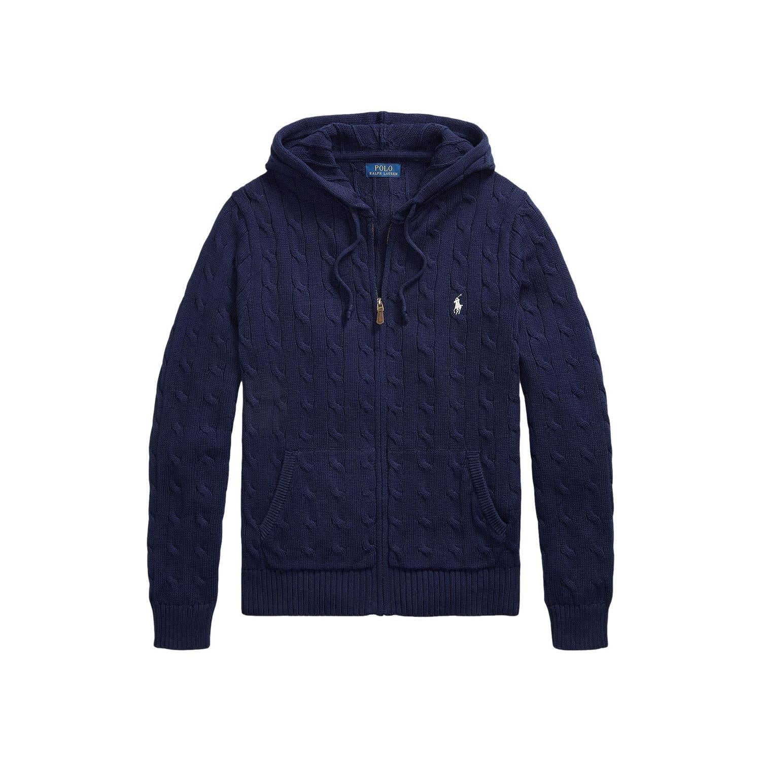 Marineblå Polo Ralph Lauren genser med kabelstrikk og hette, bomullskvalitet, komfortabel og stilfull for hverdagsbruk