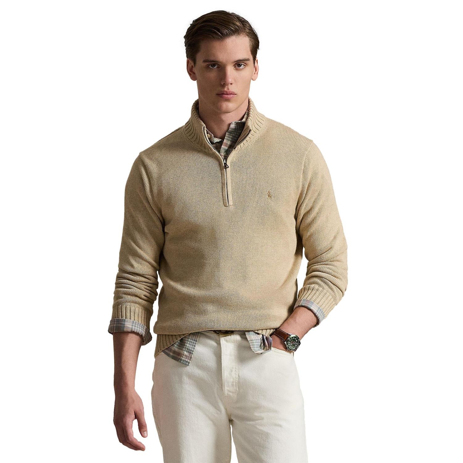 Polo Ralph Lauren Cotton Quarter-Zip Mockneck Sweater Genser Beige