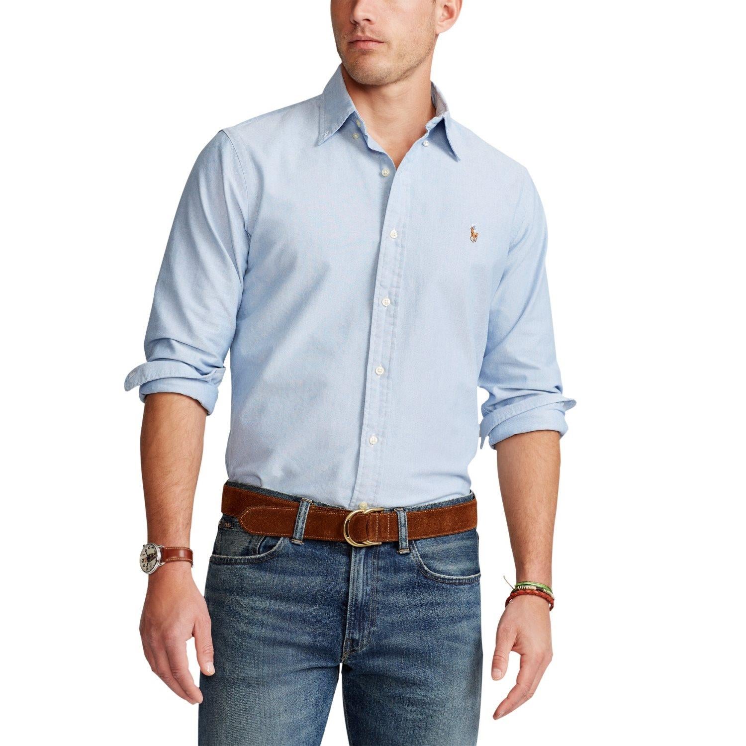Lyseblå Polo Ralph Lauren Custom Fit Oxford-skjorte, nærbilde av krage og knapper i bomullskvalitet.