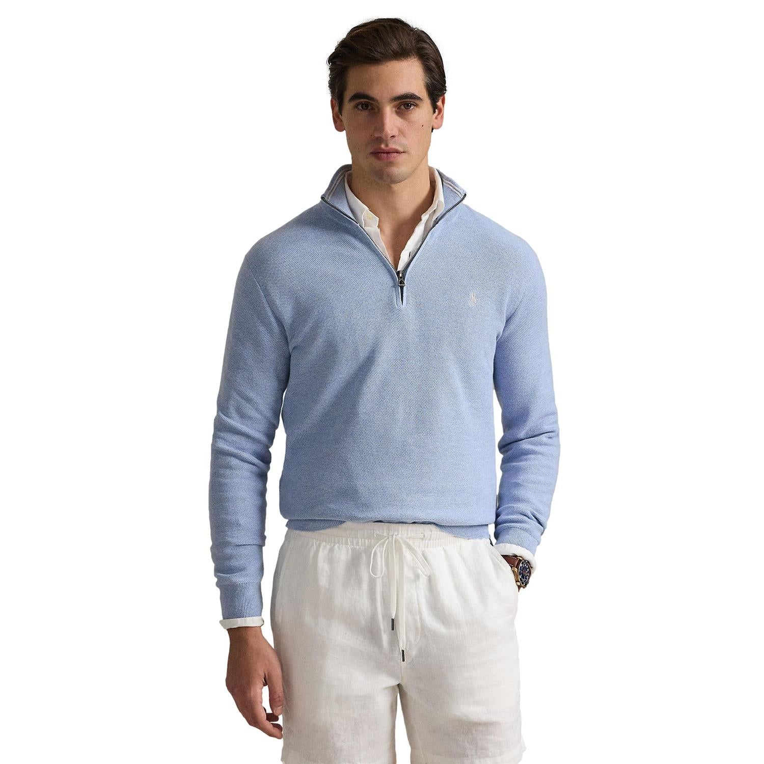 Polo Ralph Lauren Mesh-Knit Cotton Quarter-Zip Sweater Genser Lyseblå - chrismoa.no
