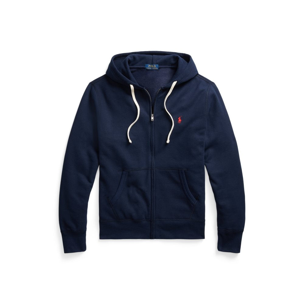 Marine blå Polo Ralph Lauren fleece genser med hette og ribbede ermer og hem, myk og komfortabel for avslappet bruk.