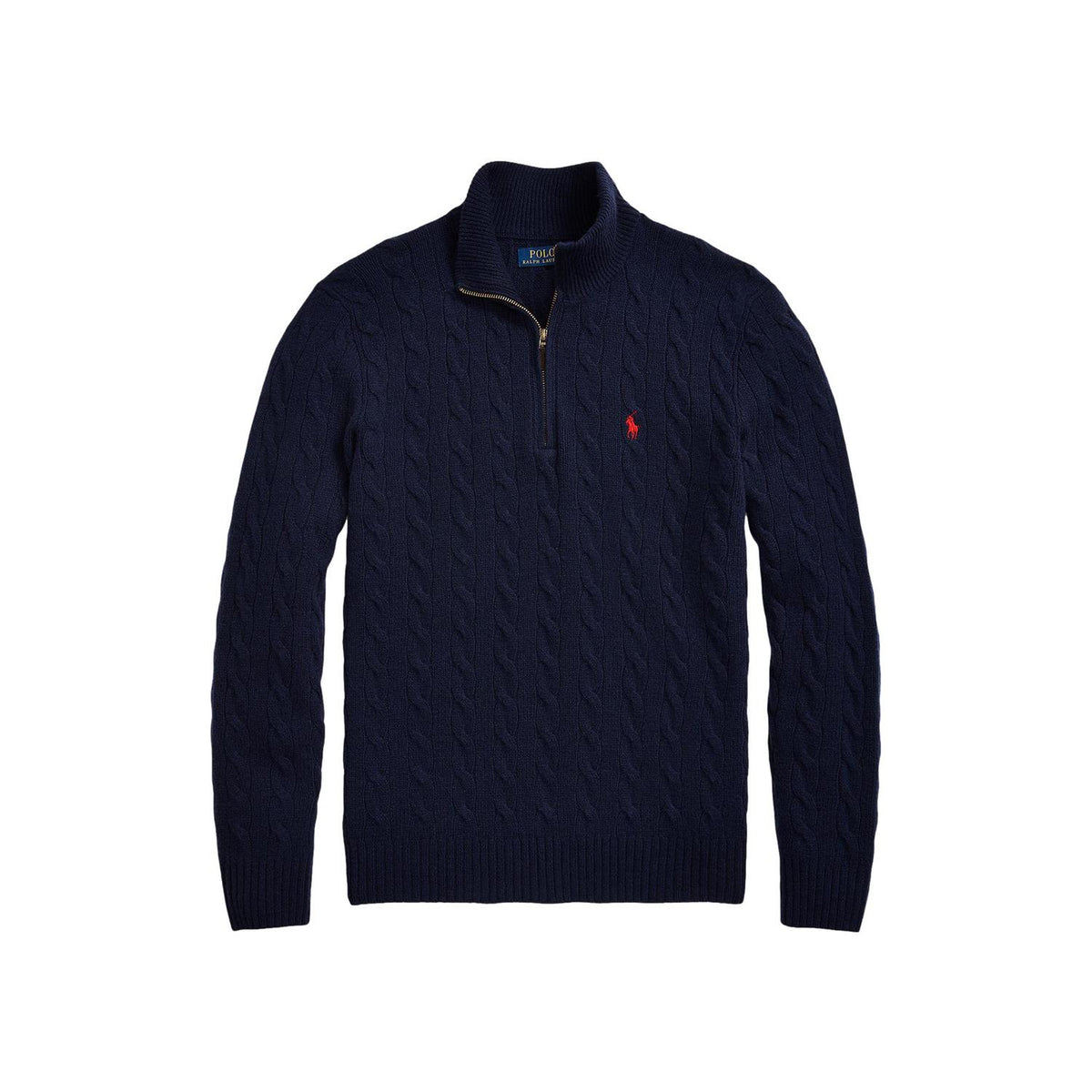 Marineblå Polo Ralph Lauren genser i kabelstrikk av ull og kasjmir, vises med ribbestrikkede mansjetter og hals.