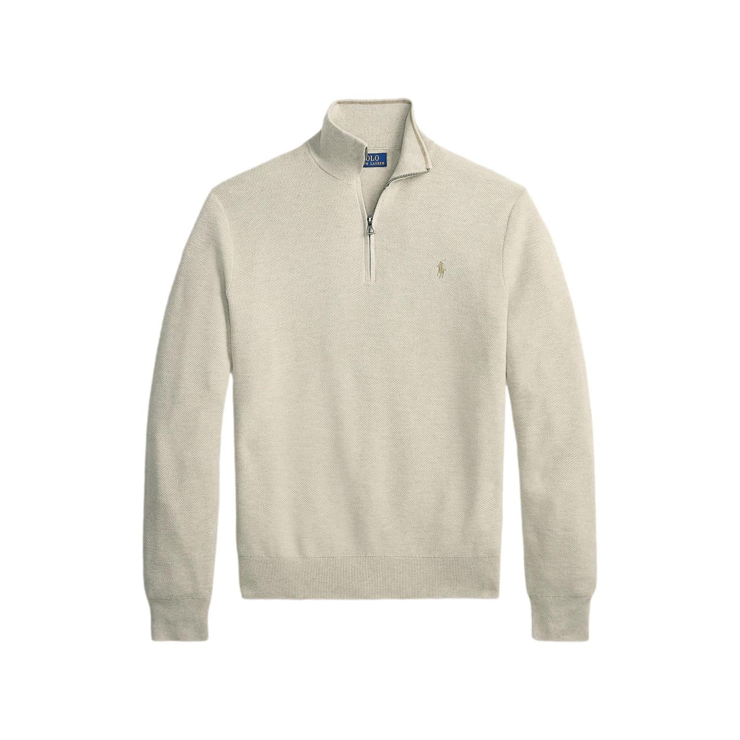 Lys beige Polo Ralph Lauren mesh-strikket bomullsgenser med quarter-zip, avslappet stil og komfortabel passform.