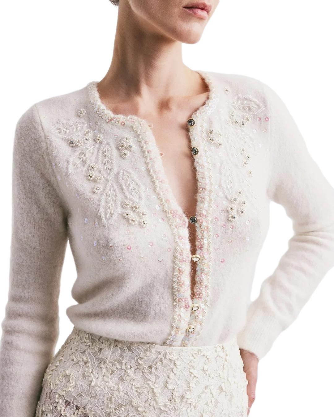 By TiMo Delicate Knit Decorated Cardigan Genser Off-White