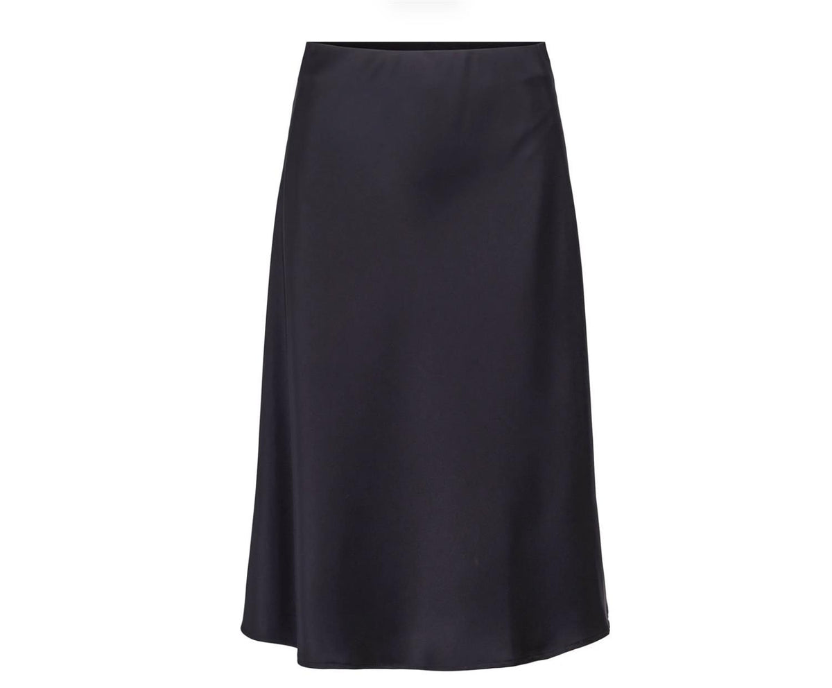 Sort Haust satin skjørt i kort design, vises på bilde med glatt stoff og elegant passform.