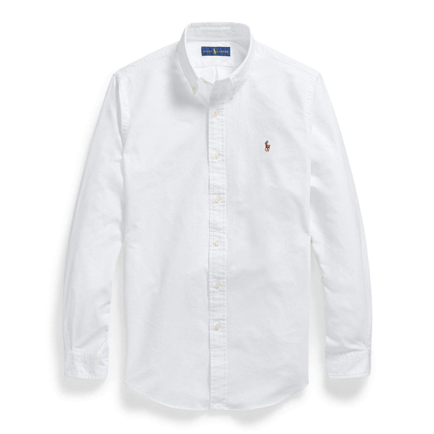 Hvit Polo Ralph Lauren Custom Fit Oxford skjorte, nærbilde av knappene og kragen, klassisk og stilren herreskjorte.