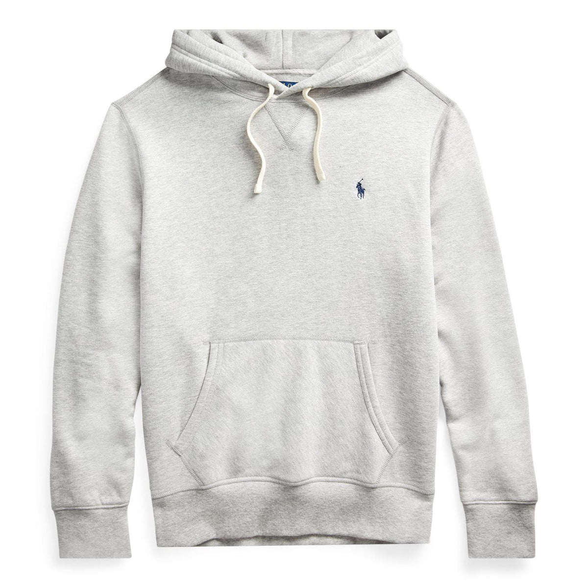 Lys grå melert fleece-hoodie fra Polo Ralph Lauren, myk og komfortabel genser med hette og ribbede detaljer.