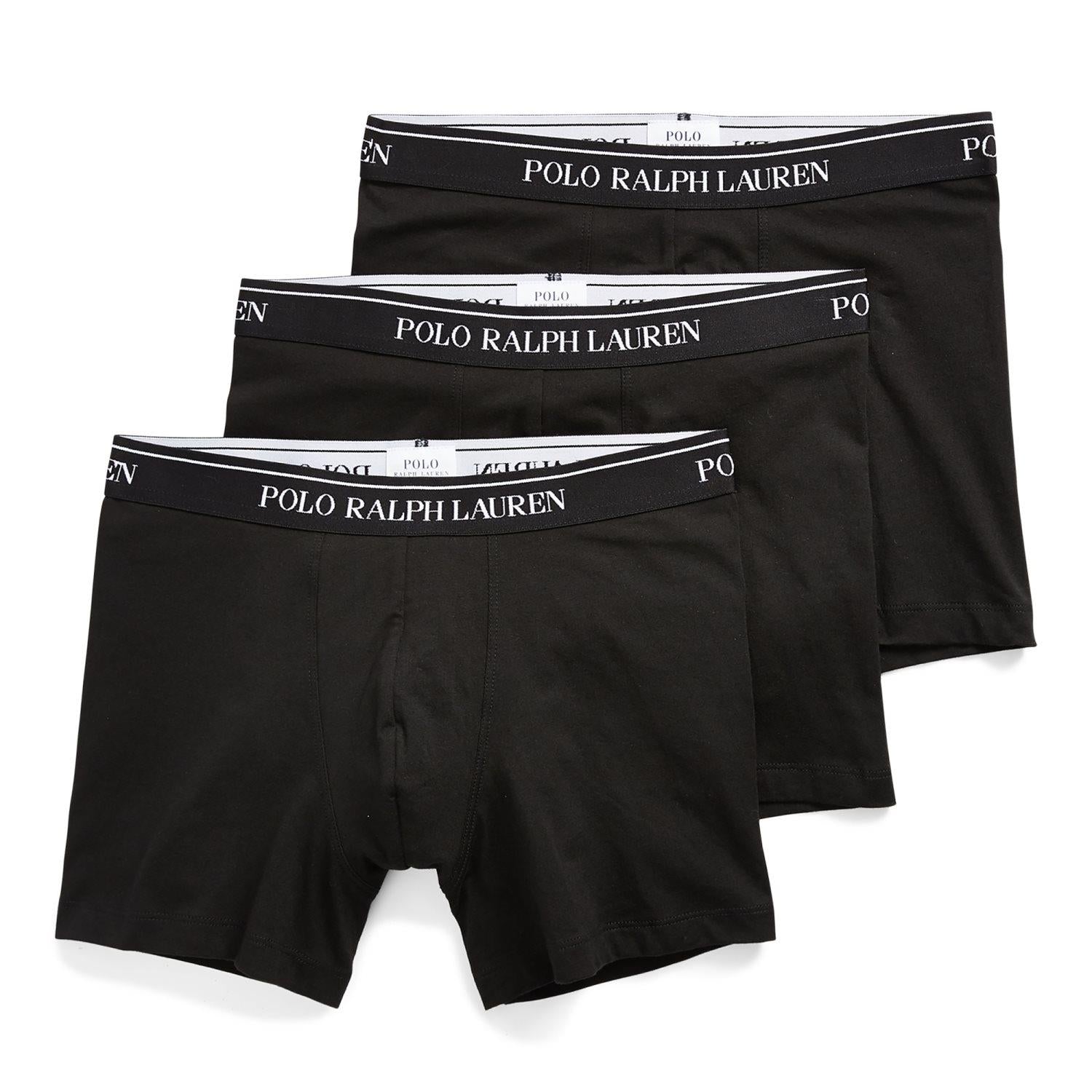 Sort Polo Ralph Lauren 3-pack boxer briefs undertøy, komfortabelt og mykt, vist i en pakke med tre par i bildet.