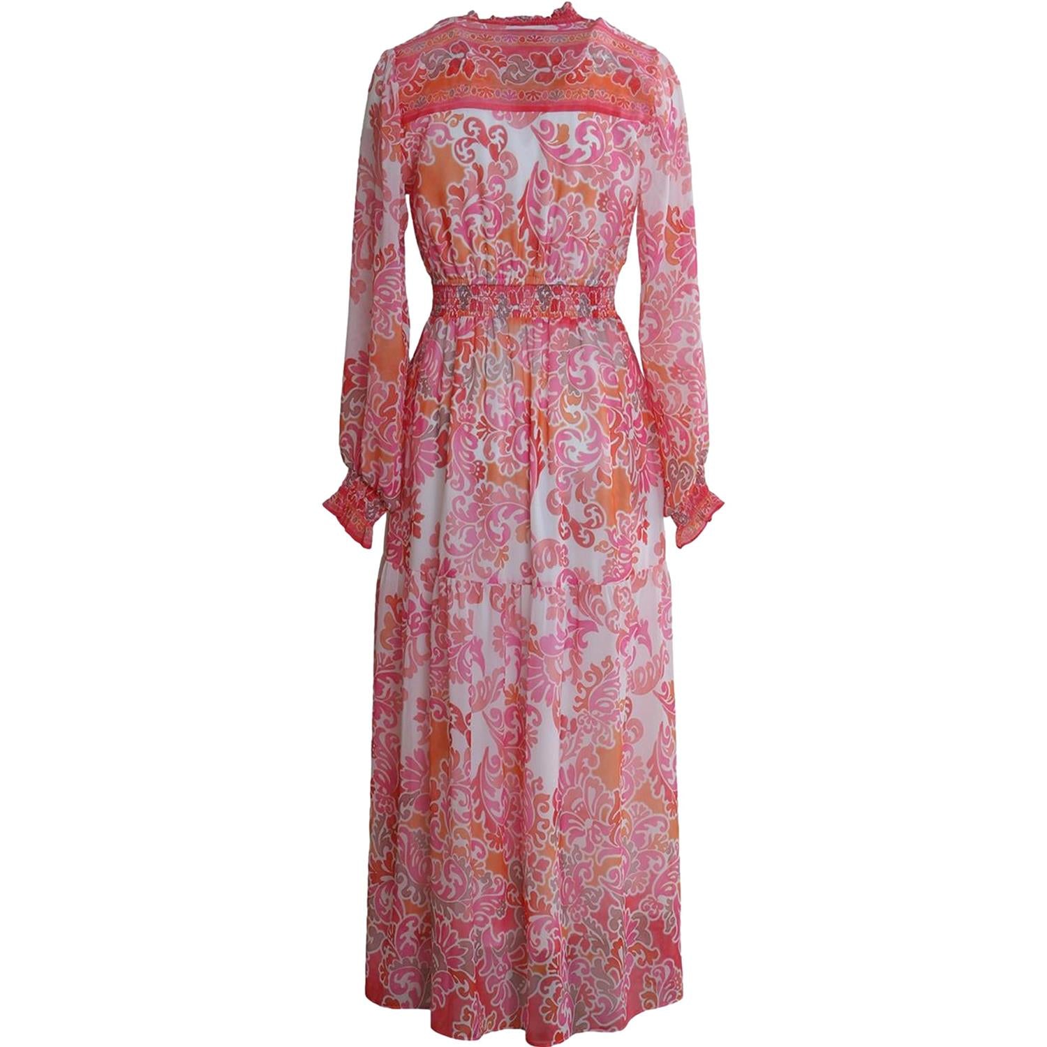 Rosa Hale Bob Bertille lang kjole med elegant snitt og blomstrete mønster, vist på modell.
