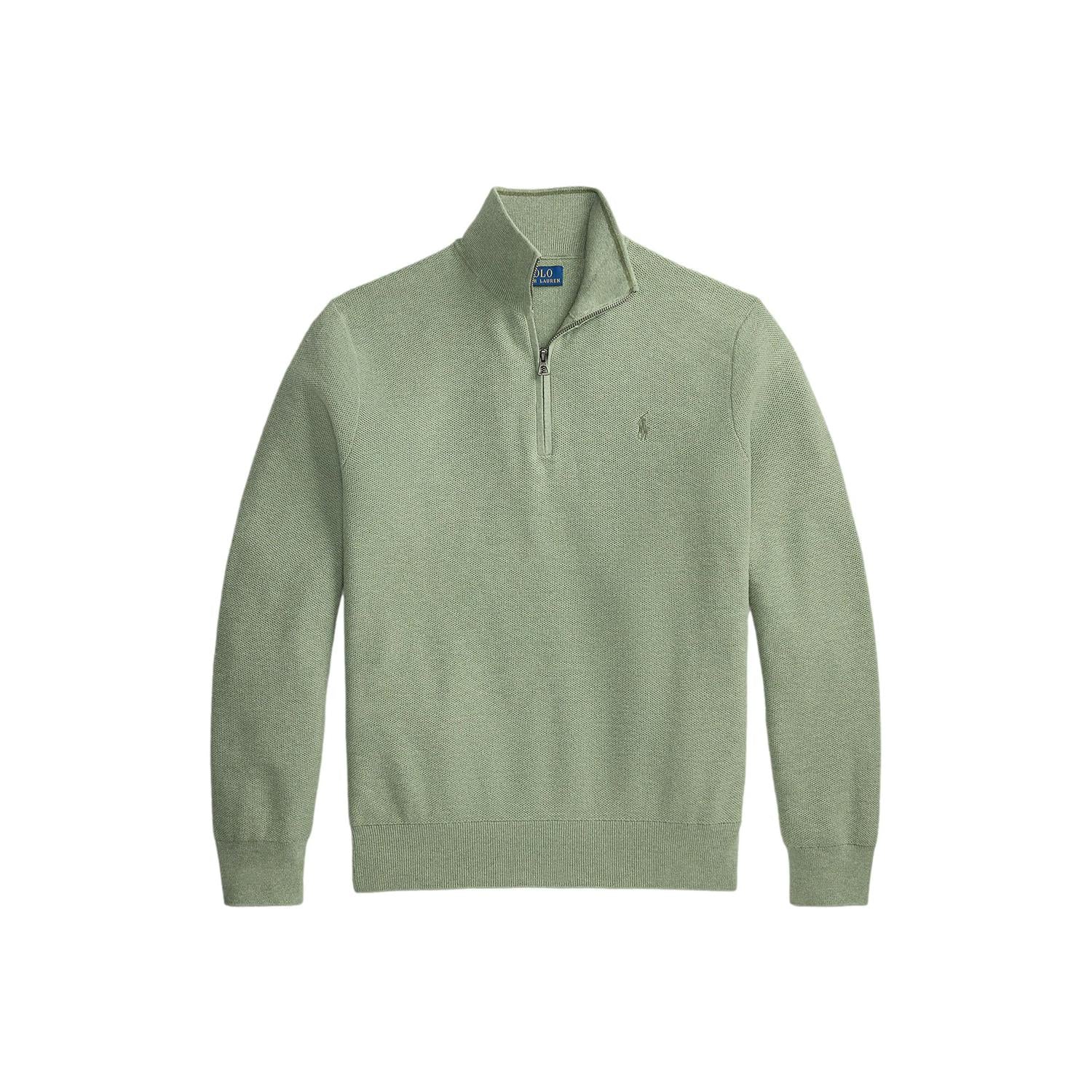Lysegrønn polo Ralph Lauren genser i meshstrikket bomull med quarter-zip, vises på bildet.