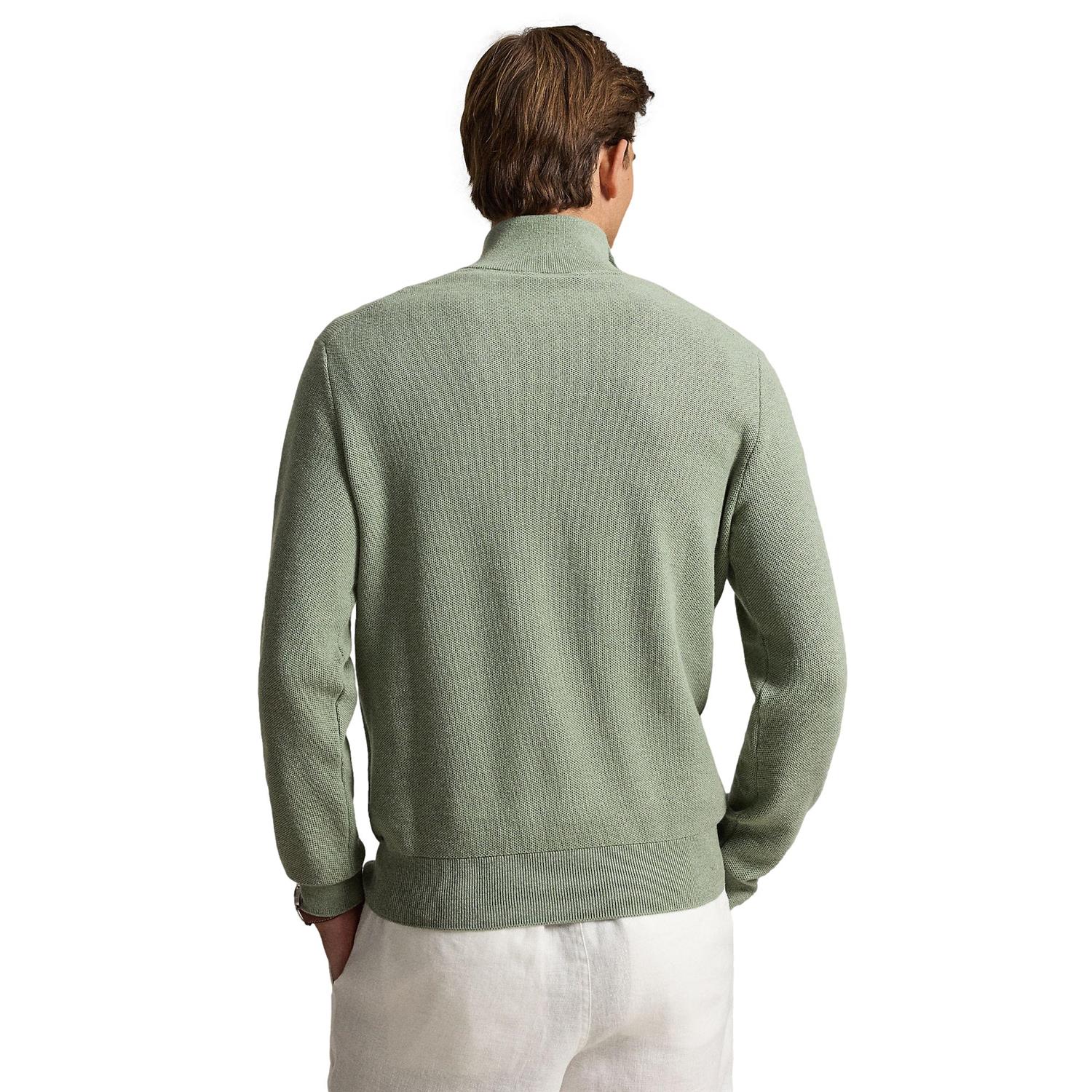 Lysegrønn Polo Ralph Lauren genser i meshstrikket bomull med kvart-zip og krage, vist på en modell.