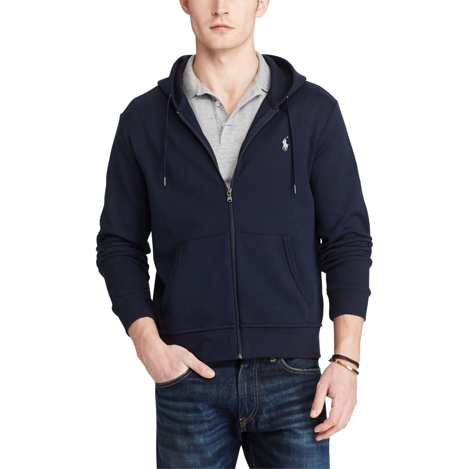 Mørkeblå Polo Ralph Lauren double-knit full-zip hoodie genser, nærbilde av front med glidelås og logo på brystet