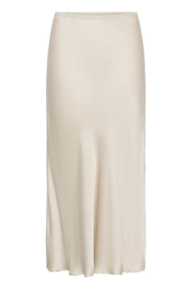 Lys-beige Part Two LaurinaPW skjørt i mykt stoff, vist på modell med enkel styling og midilengde.