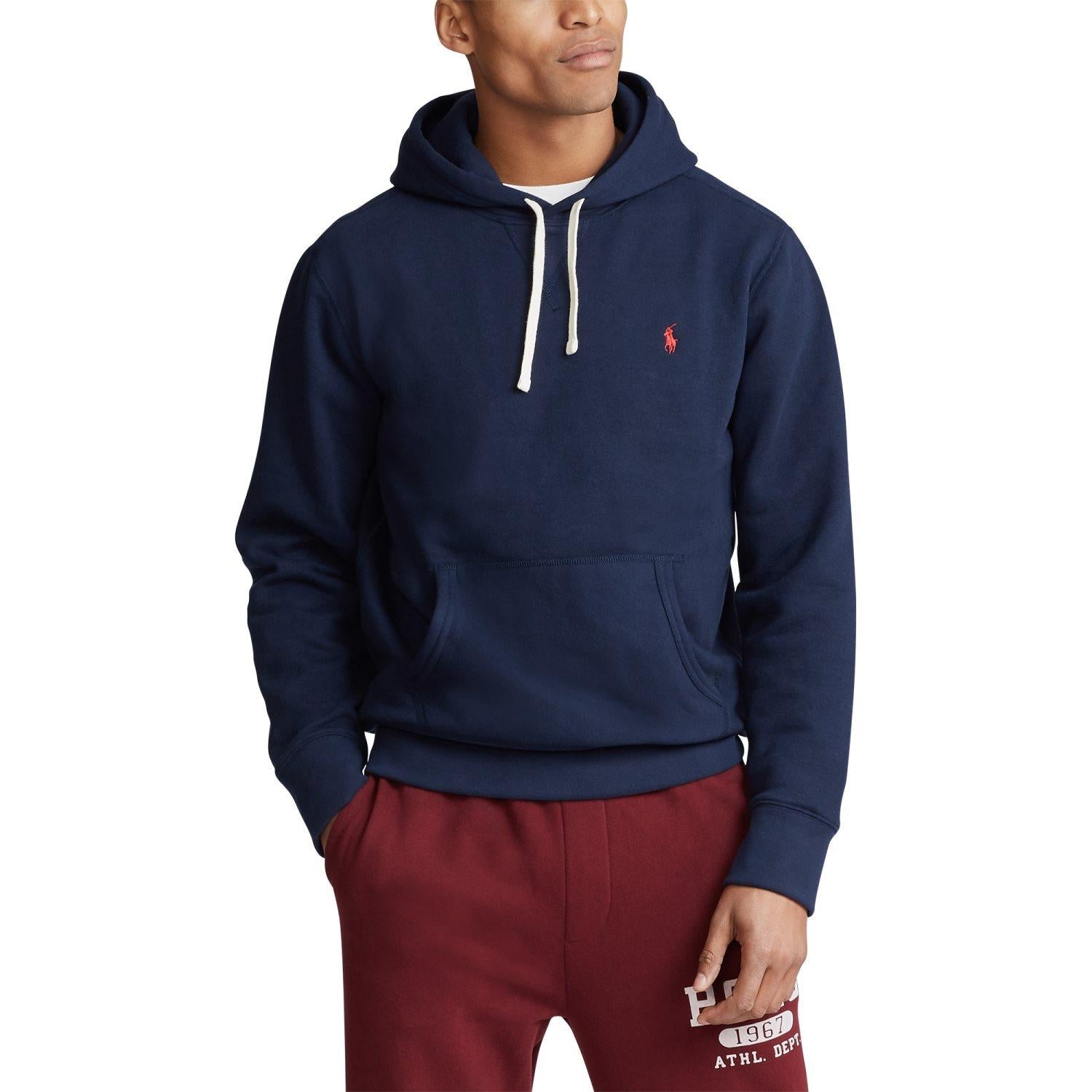 Marinefarget fleece hoodie fra Polo Ralph Lauren med glidelås og logo på brystet, komfortabel og myk genser.