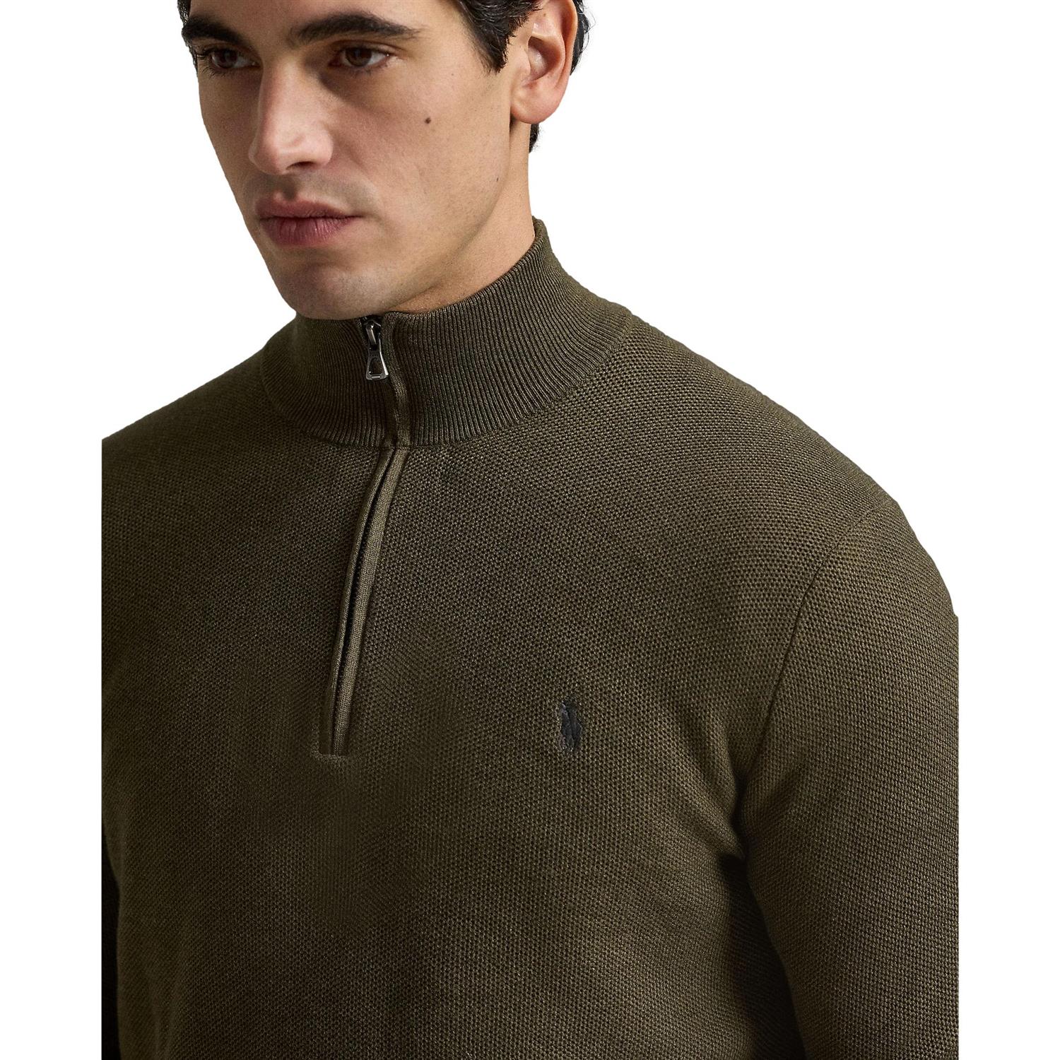 Polo Ralph Lauren Mesh-Knit Cotton Quarter-Zip Sweater Genser Oliven - chrismoa.no