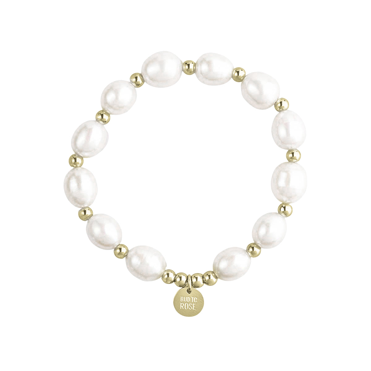 Bud to Rose perle elastisk armbånd i gull med hvite perler, elegant og lett å ta på.