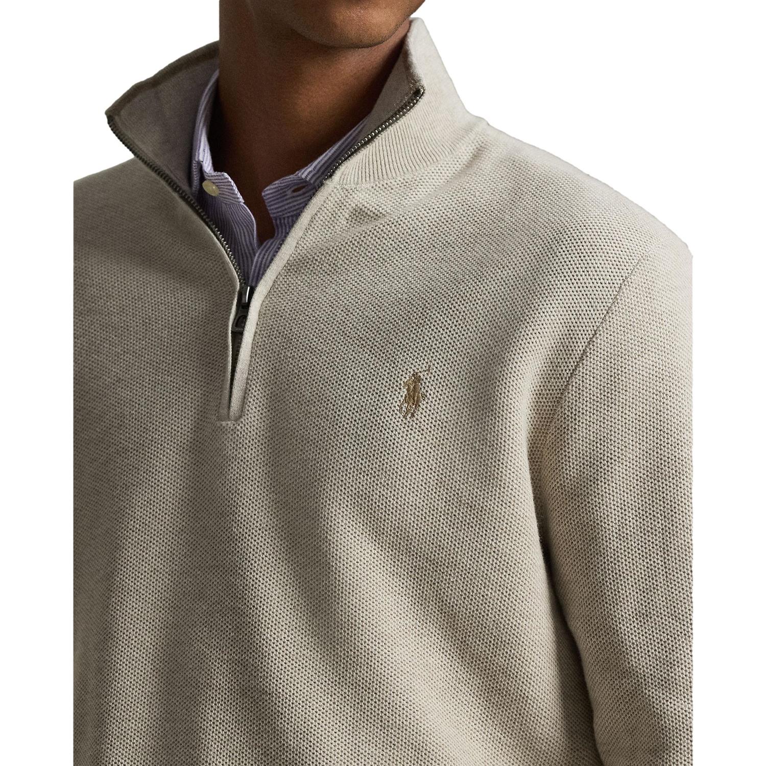 Lys-beige genser fra Polo Ralph Lauren i mesh-strikket bomull med quarter-zip-åpning, avslappet og stilig.