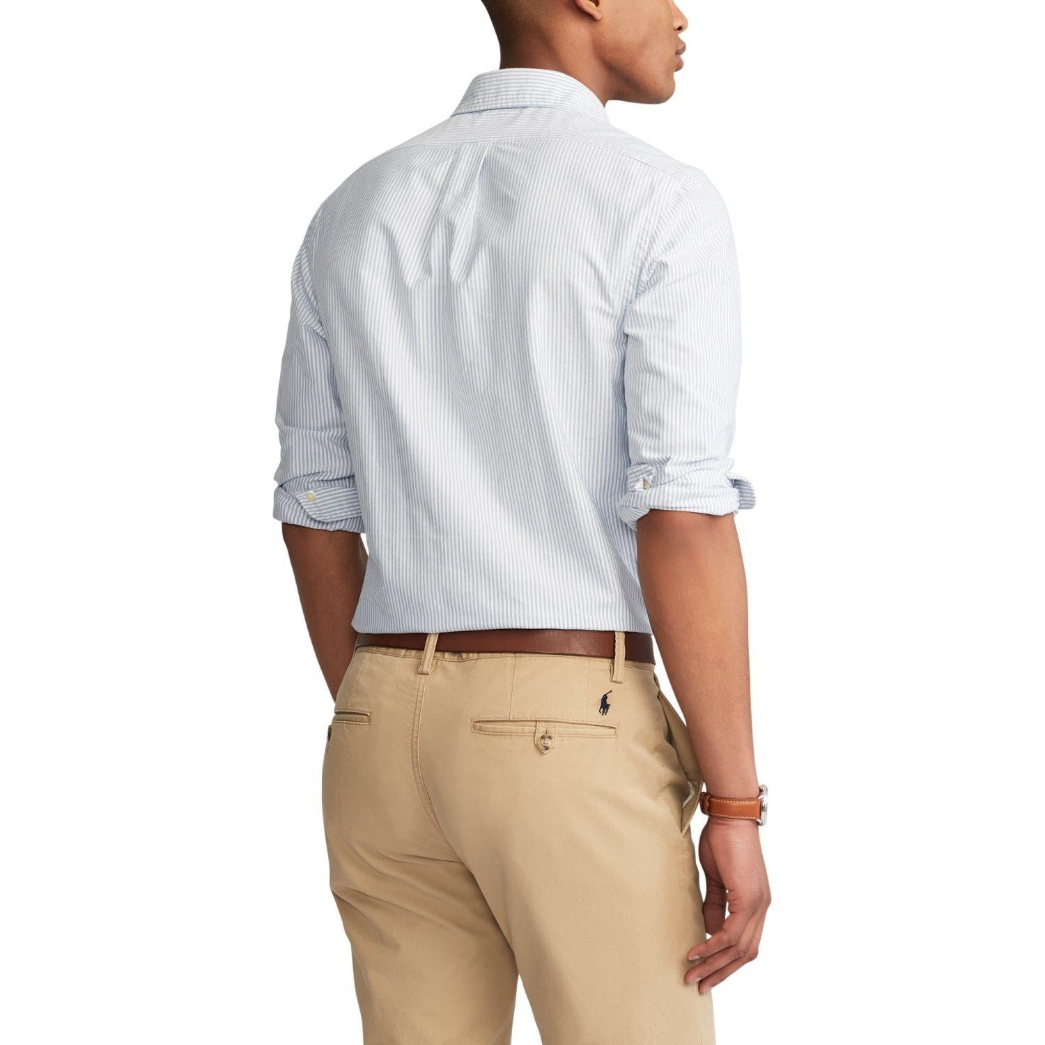 Blå striper Polo Ralph Lauren Oxford slim fit skjorte med krage og knapper, vises på bilde.