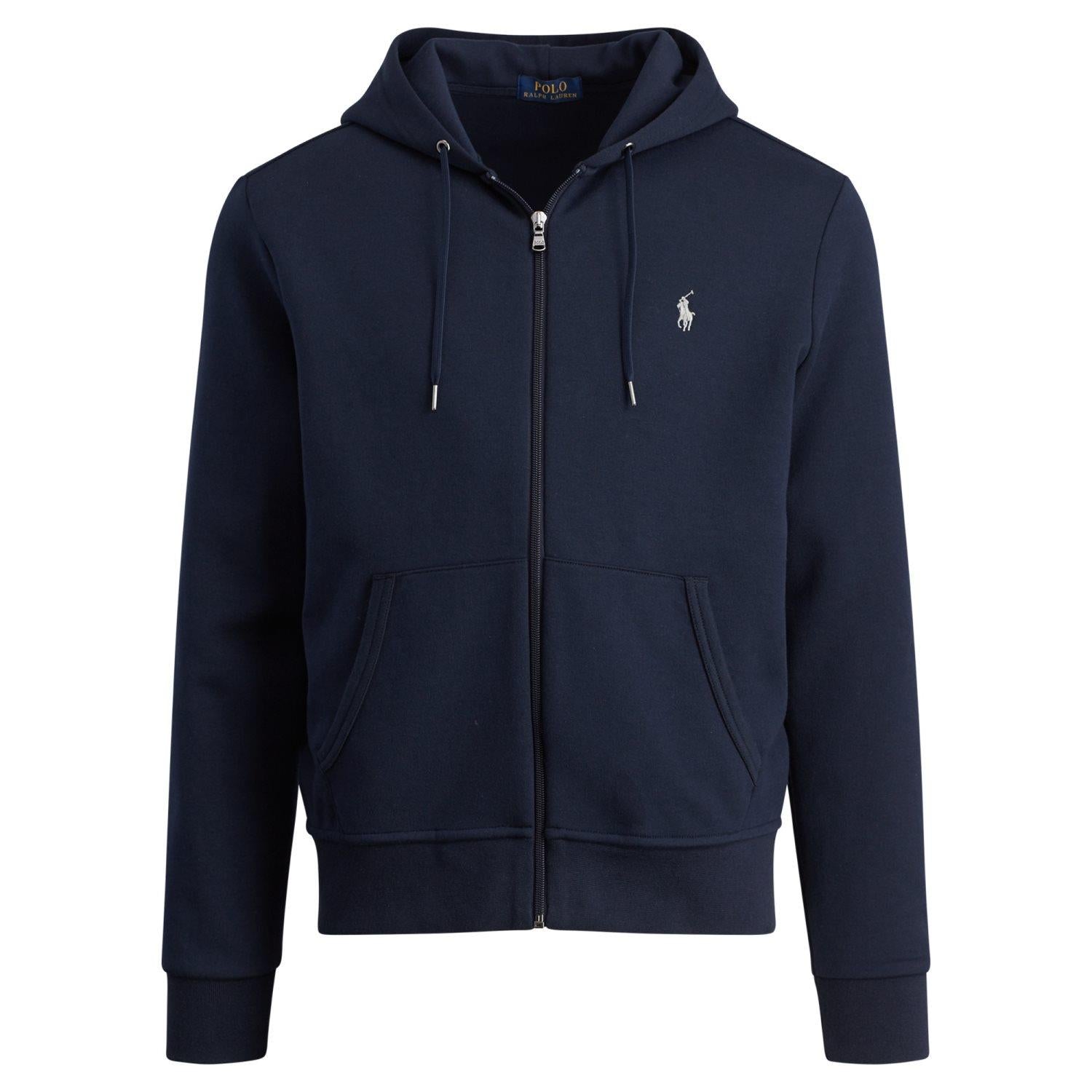 Mørkeblå Polo Ralph Lauren dobbeltstrikket helglidelås hoodie, komfortabel genser med hette og glidelås foran.
