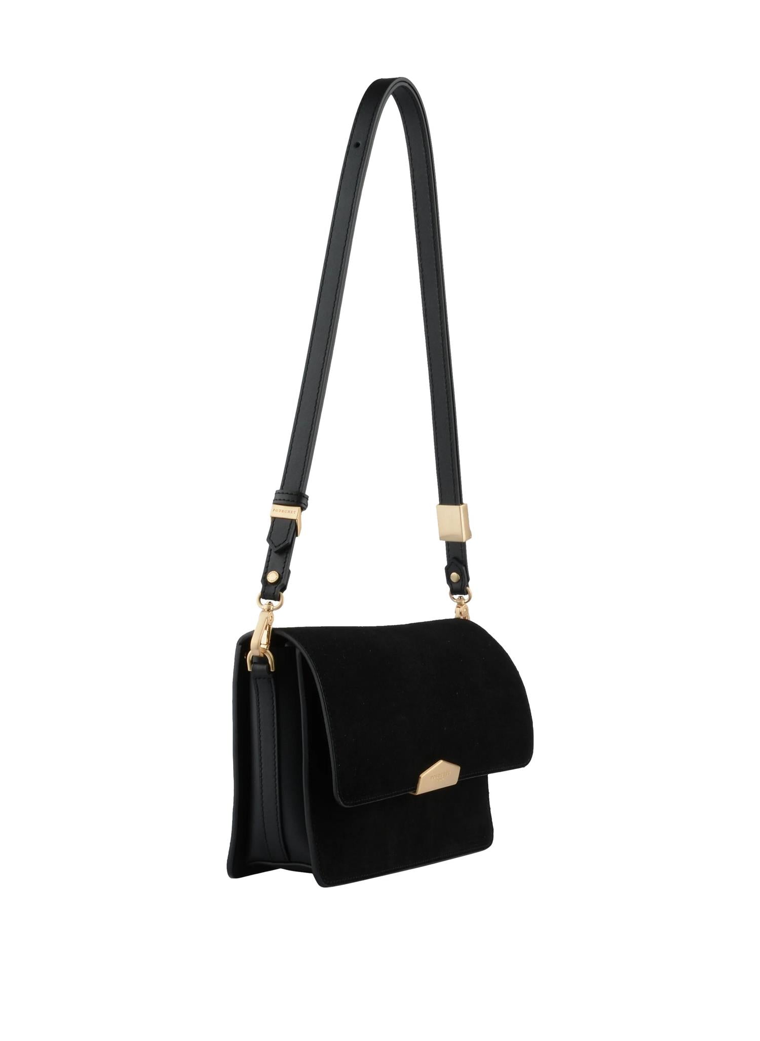 Sort veske i skinn fra Pourchet Paris Anjou Suede med mykt materiale og elegant design, vist fra siden i bildet.