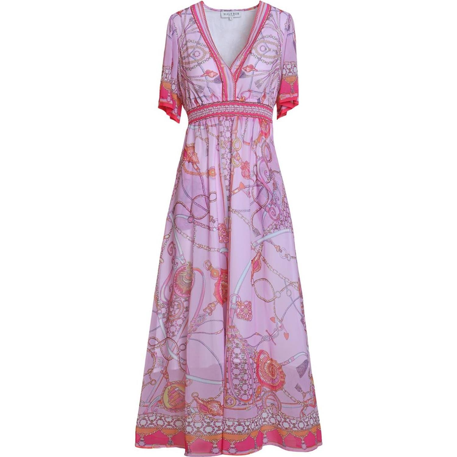 Flerfarget rosa Hale Bob Neve kjole vist med blonder og elegant design, perfekt for spesielle anledninger.