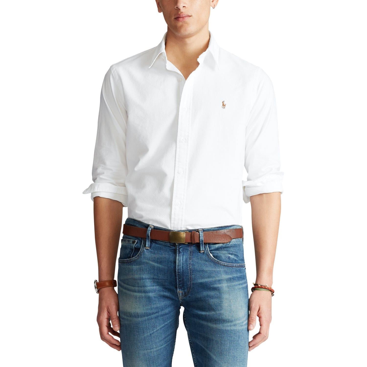 Hvit Polo Ralph Lauren Custom Fit Oxford-skjorte med knappestolpe og krage, laget av bomull.