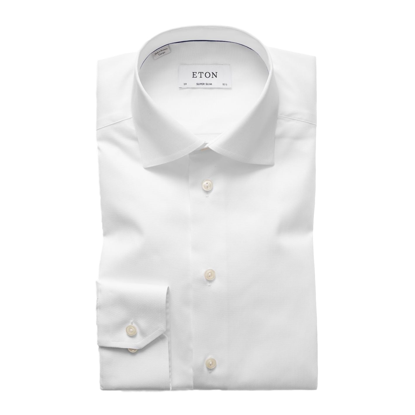 Hvitt Eton Super Slim Signature Twill skjorte med smal passform og klassisk krage, vist i nærbilde av stoff og knapper.