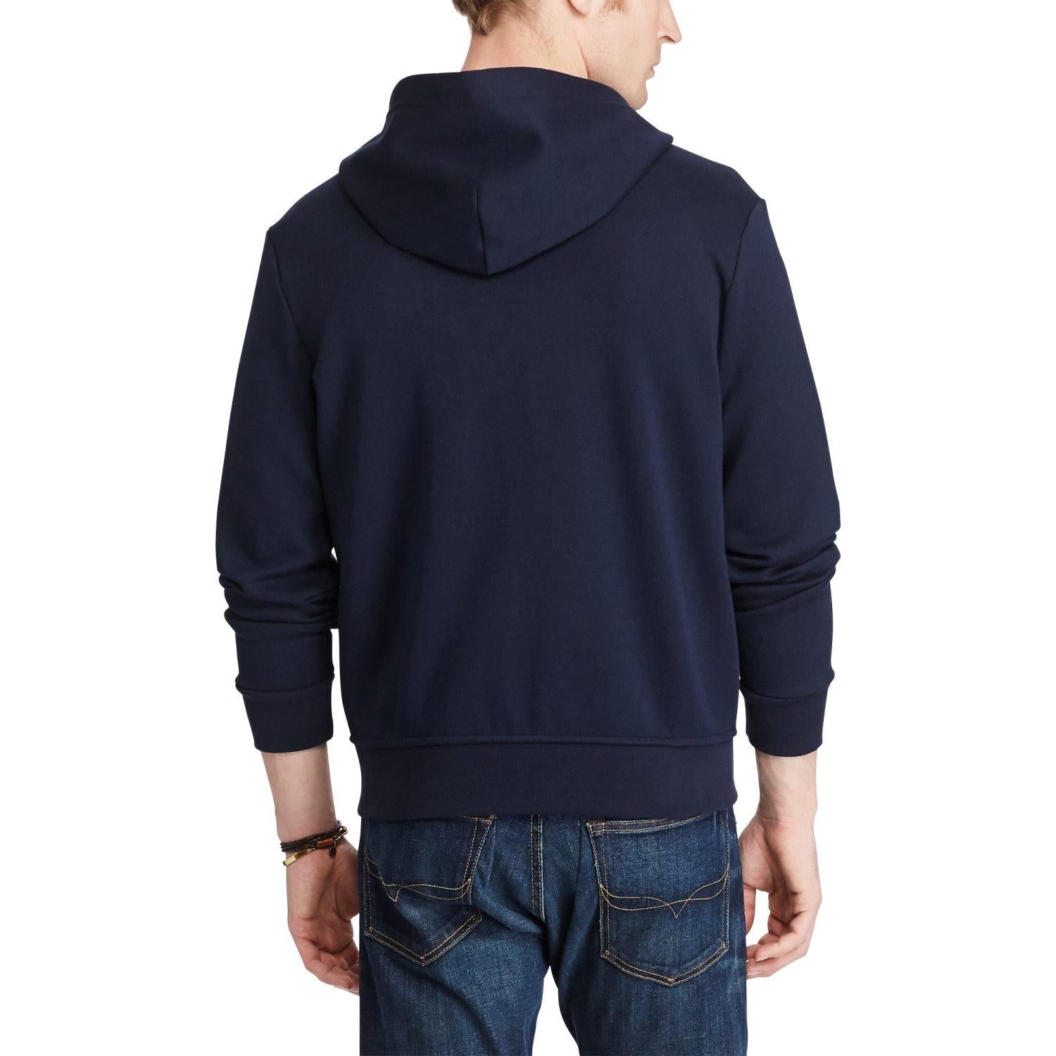 Mørkeblå Polo Ralph Lauren hoodie i dobbeltstrikk med fullt glidelåsåpning og hette, vises på bildene.