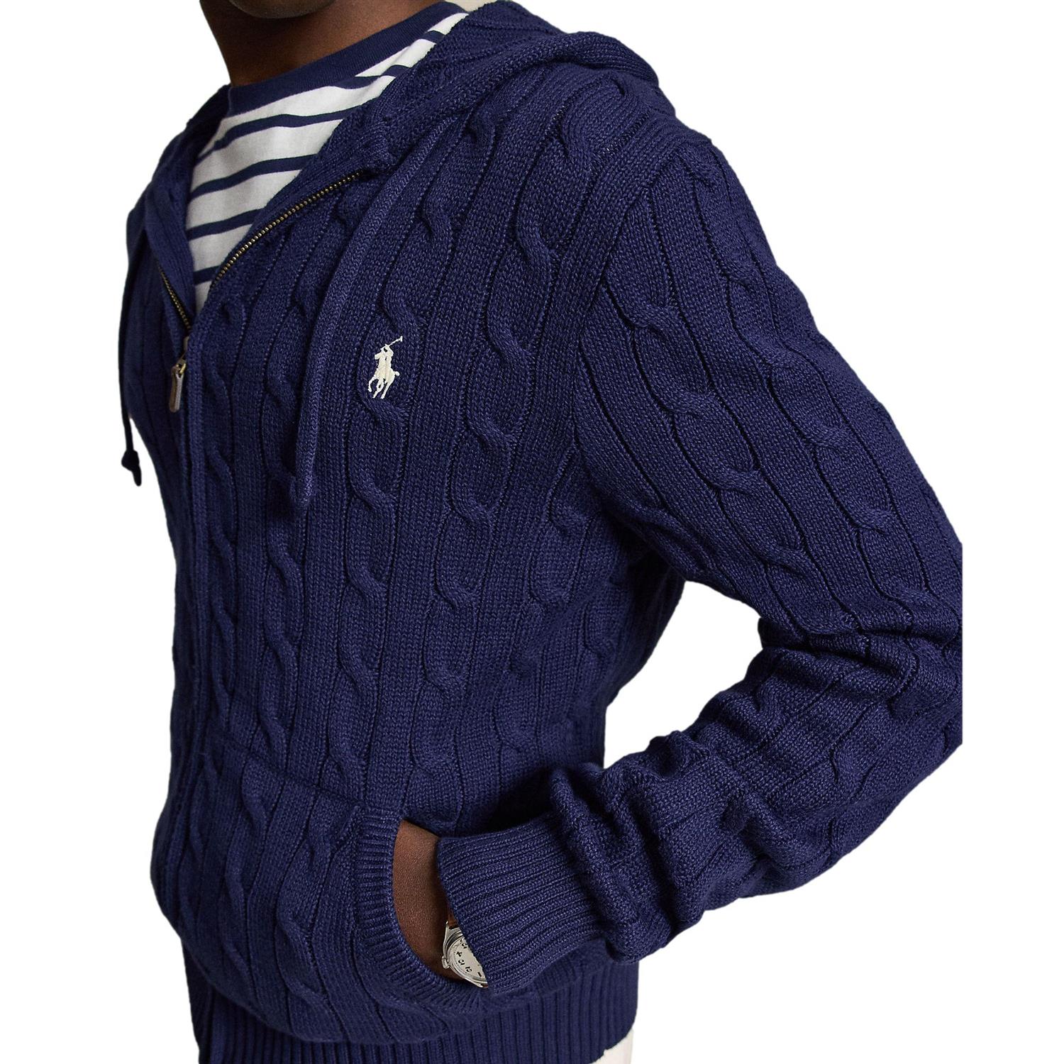 Marinefarget Polo Ralph Lauren cable-knit bomullshette-genser med hette og klassisk design.