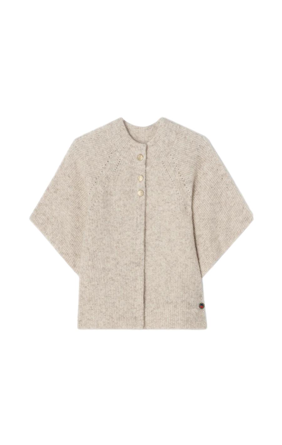 Busnel Vilanie cardigan i lys beige, myk og chunky genser med rund hals og raglan-ermer, perfekt for komfort og stil.