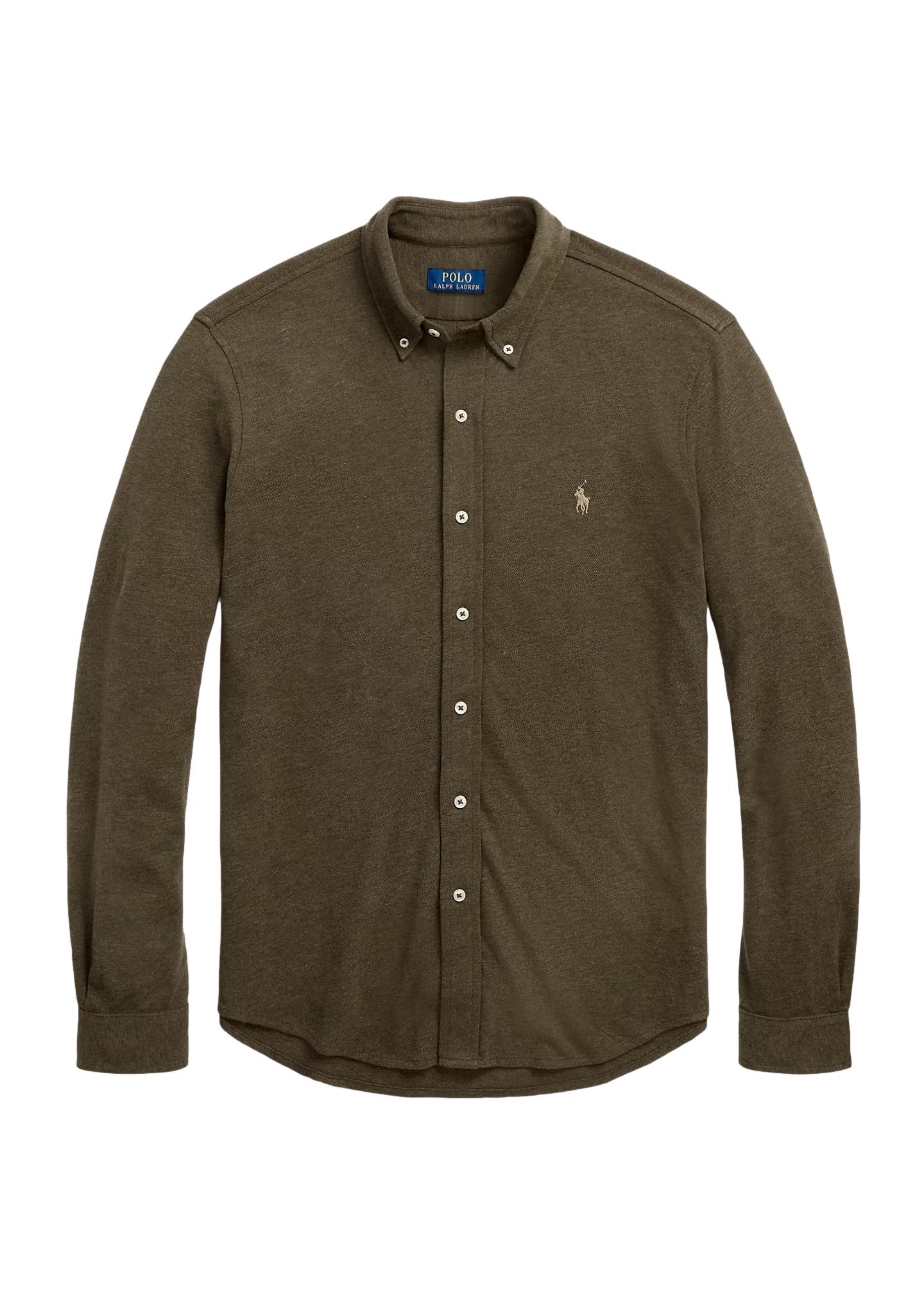 Lys grønn Polo Ralph Lauren Featherweight Mesh skjorte med ventilert meshstoff og klassisk krage, vist fra front.