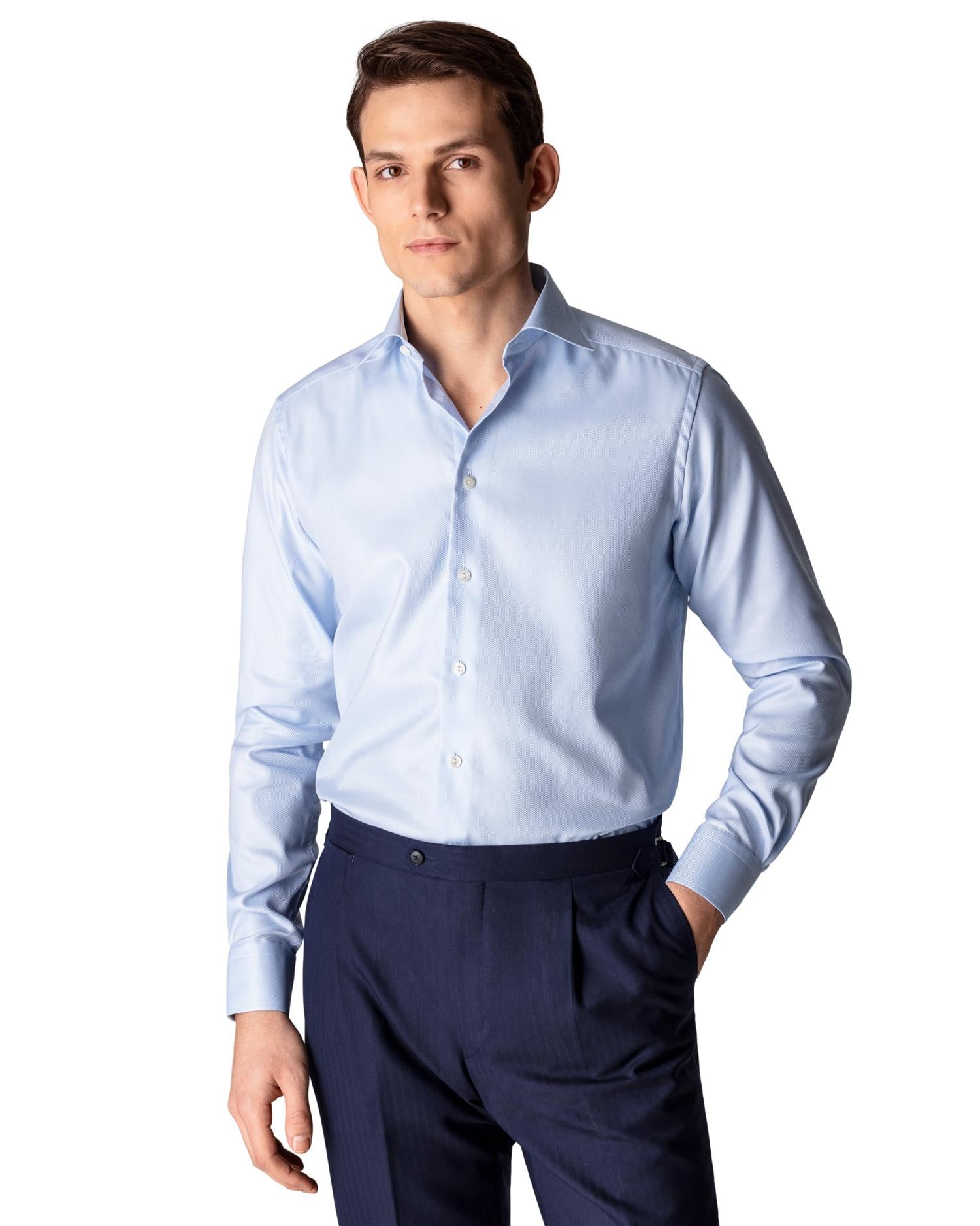 Eton Textured Twill Slim Skjorte Lyseblå