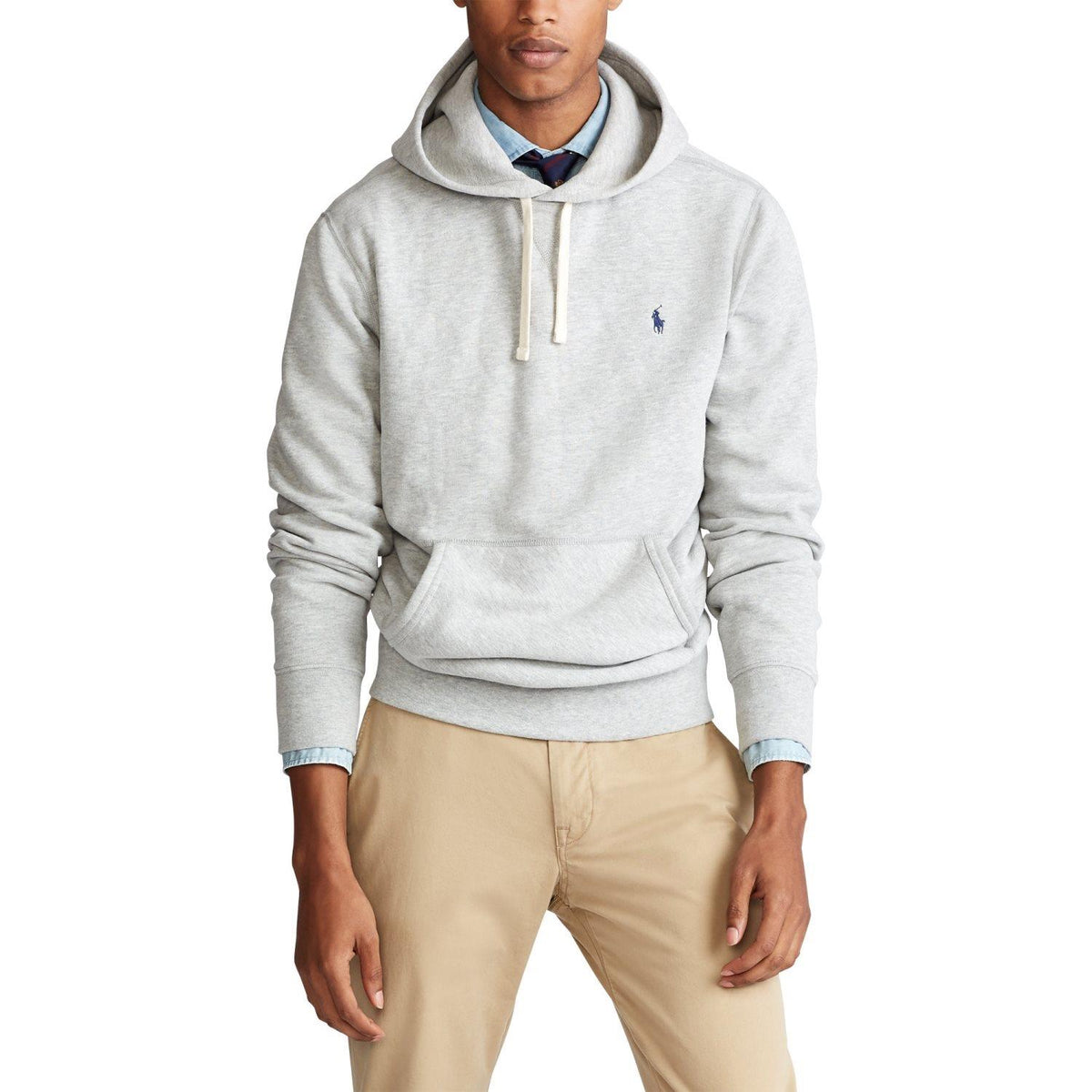 Lys grå melert fleece hoodie fra Polo Ralph Lauren, komfortabel genser med justerbar hette og ribbede mansjetter.