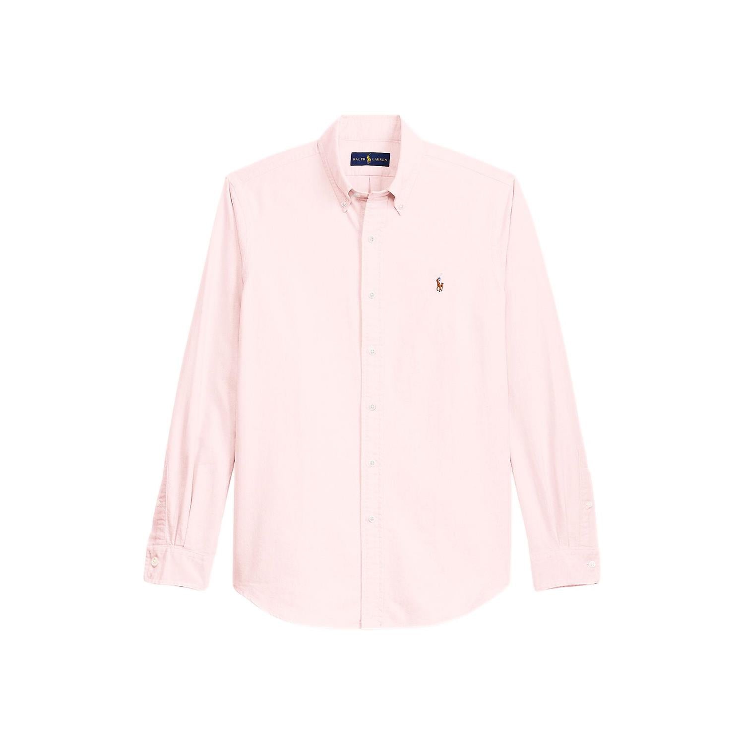 Rosa slim fit oxford skjorte fra Polo Ralph Lauren med krage og knappelukking, vist på modell.