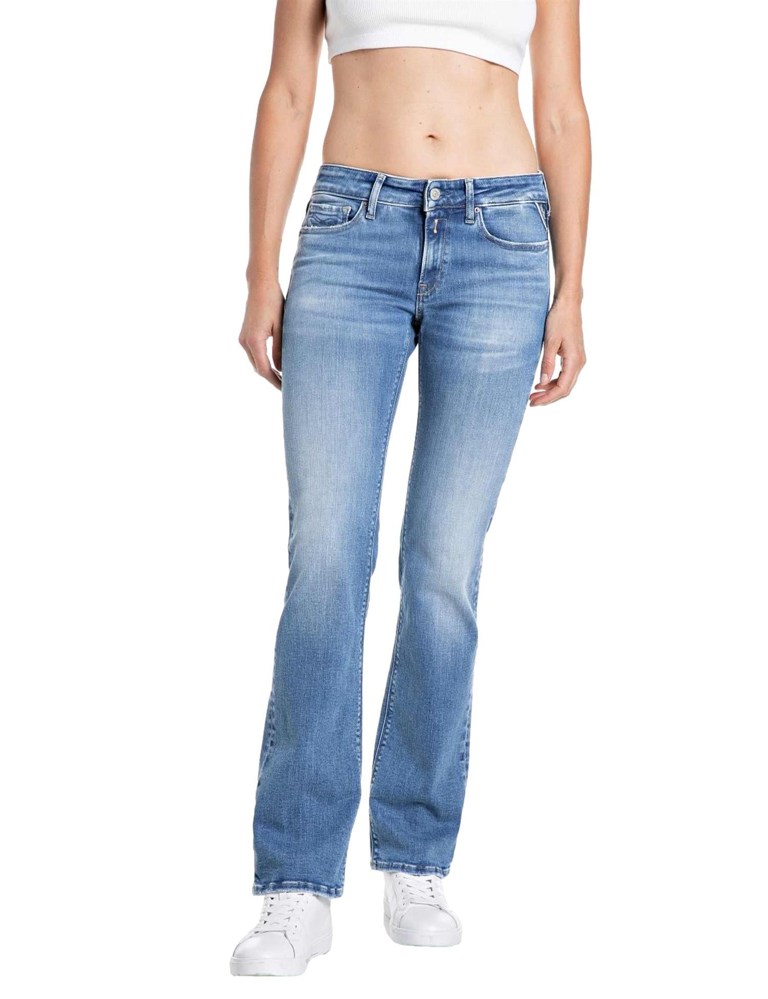 Replay New Luz regular midje bootcut jeans i denim med klassisk passform og svarte sømmer, vist på modell.