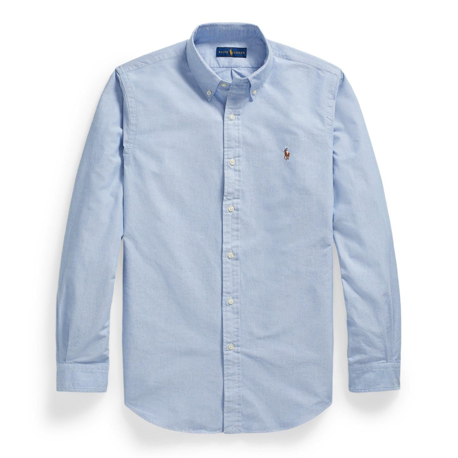 Lyseblå Polo Ralph Lauren skjorte i custom fit Oxford-stil, med knappestolpe og klassisk krage.