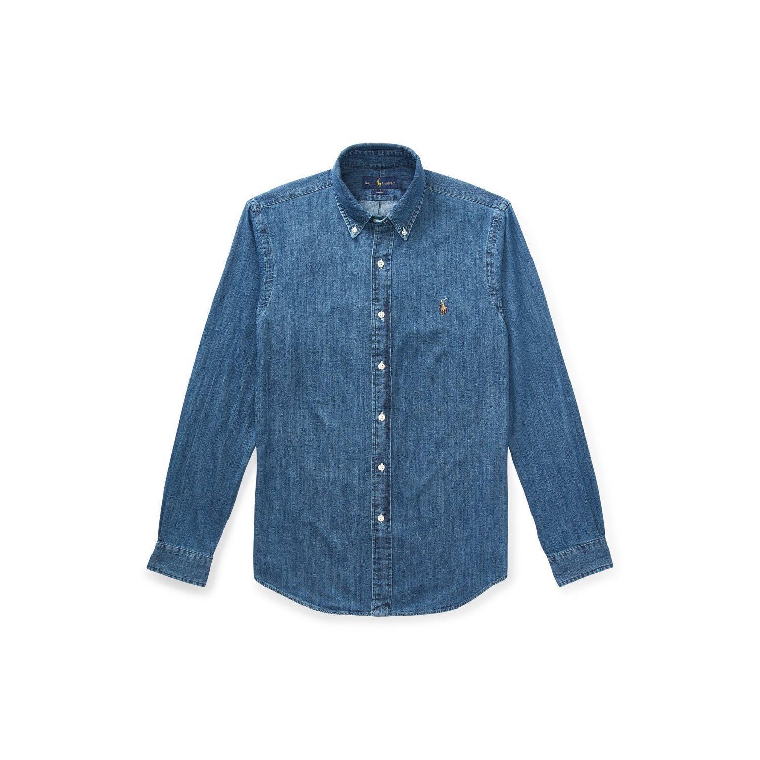 Mørkeblå slim-fit denim skjorte fra Polo Ralph Lauren med klassisk krage og knappestolpe.