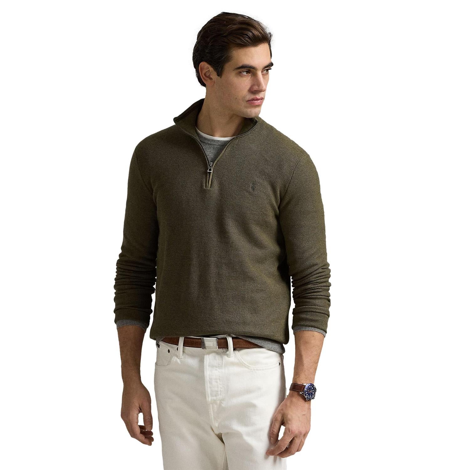 Polo Ralph Lauren Mesh-Knit Cotton Quarter-Zip Sweater Genser Oliven - chrismoa.no
