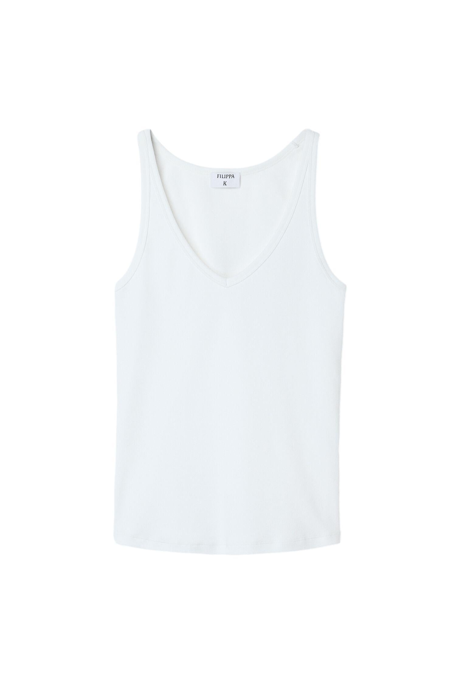 Hvitt Filippa K V-hals tank-t-skjorte med enkel design, myk bomullsstoff og avslappet passform, foran vises t-skjortens V-hals.