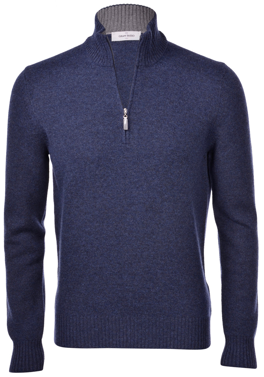 Gran Sasso 2-Ply Cashmere Blend Mock Zip Genser Dueblå - chrismoa.no