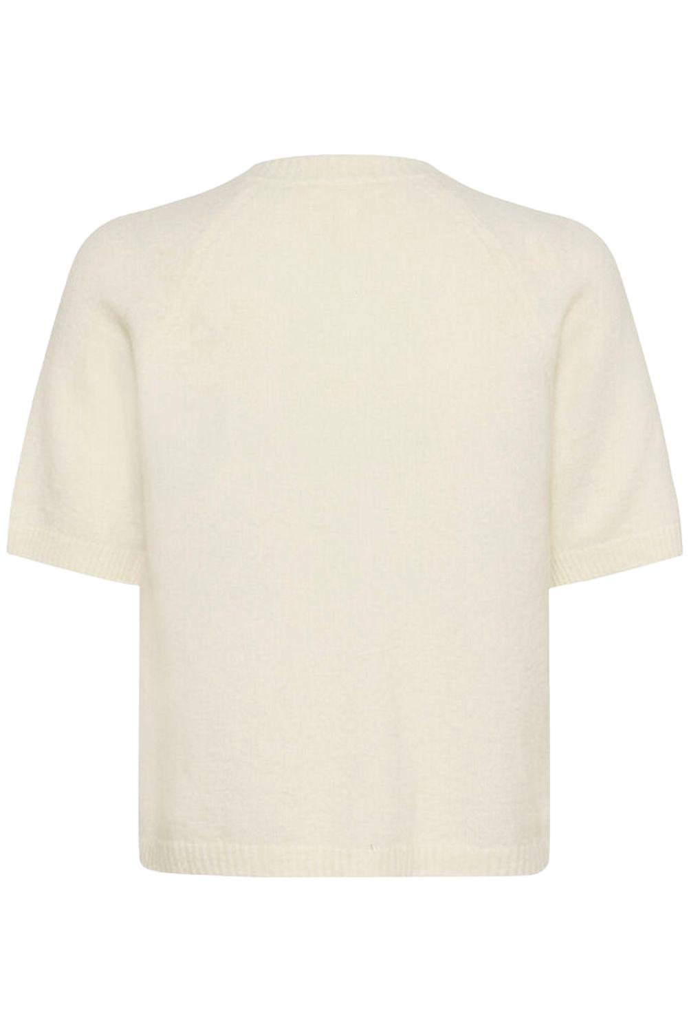 Hvit Part Two AnishaPW cardigan genser med rund hals og lange ermer, vist på en modell foran en nøytral bakgrunn.