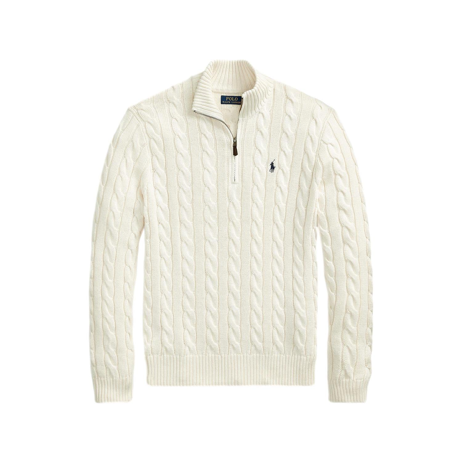 Cremefarget Polo Ralph Lauren kabelstrikket bomullsgenser med quarter-zip og rund hals.