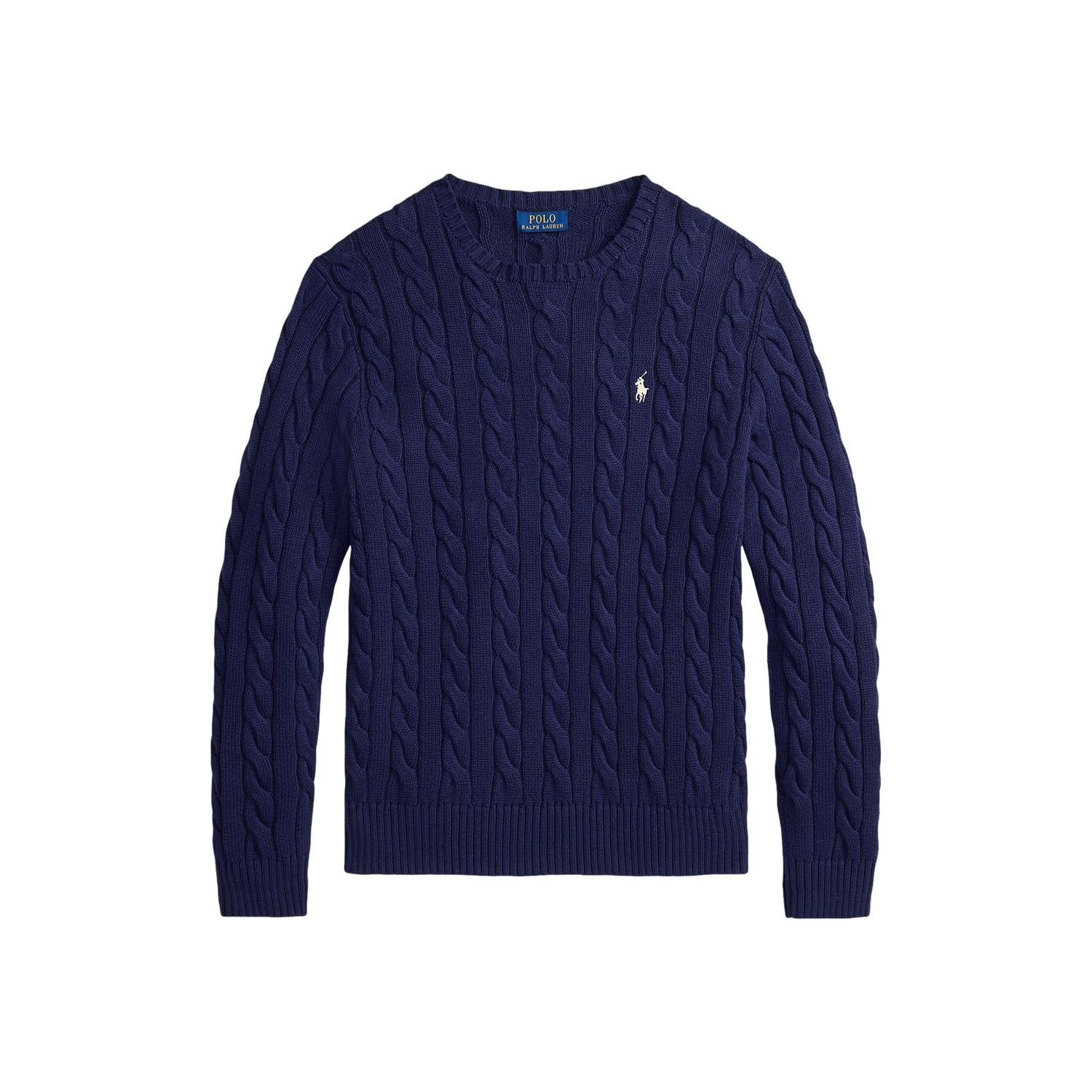 Marineblå Polo Ralph Lauren kabelstrikket bomullsgenser med rund hals og tradisjonell design.