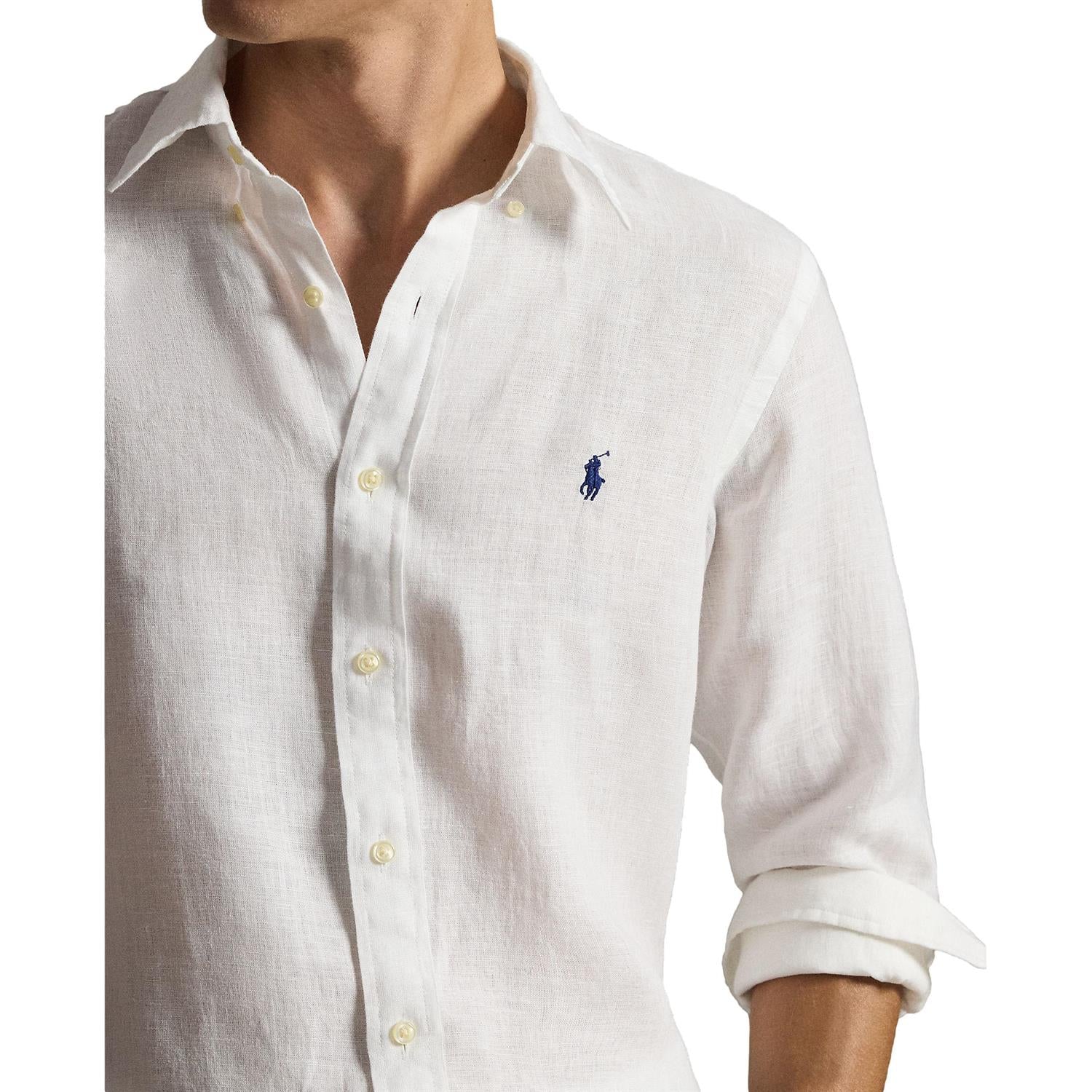 Hvit linskjorte fra Polo Ralph Lauren i slimpassform, med krage og ermer, perfekt for sommer- eller hverdagsbruk.