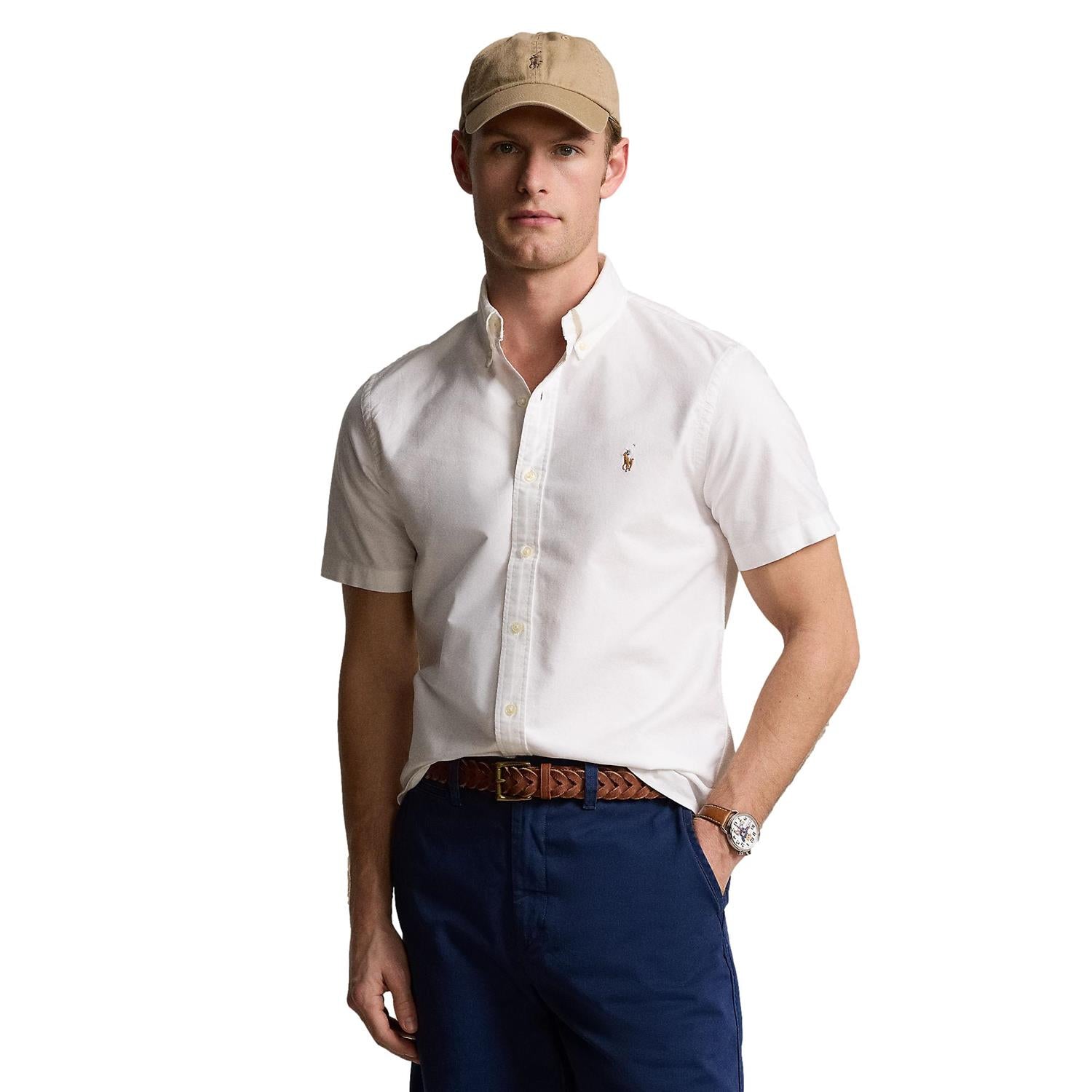 Hvit Polo Ralph Lauren Custom Fit Oxford skjorte, langermet herre skjorte med klassisk krage og knappestolpe.