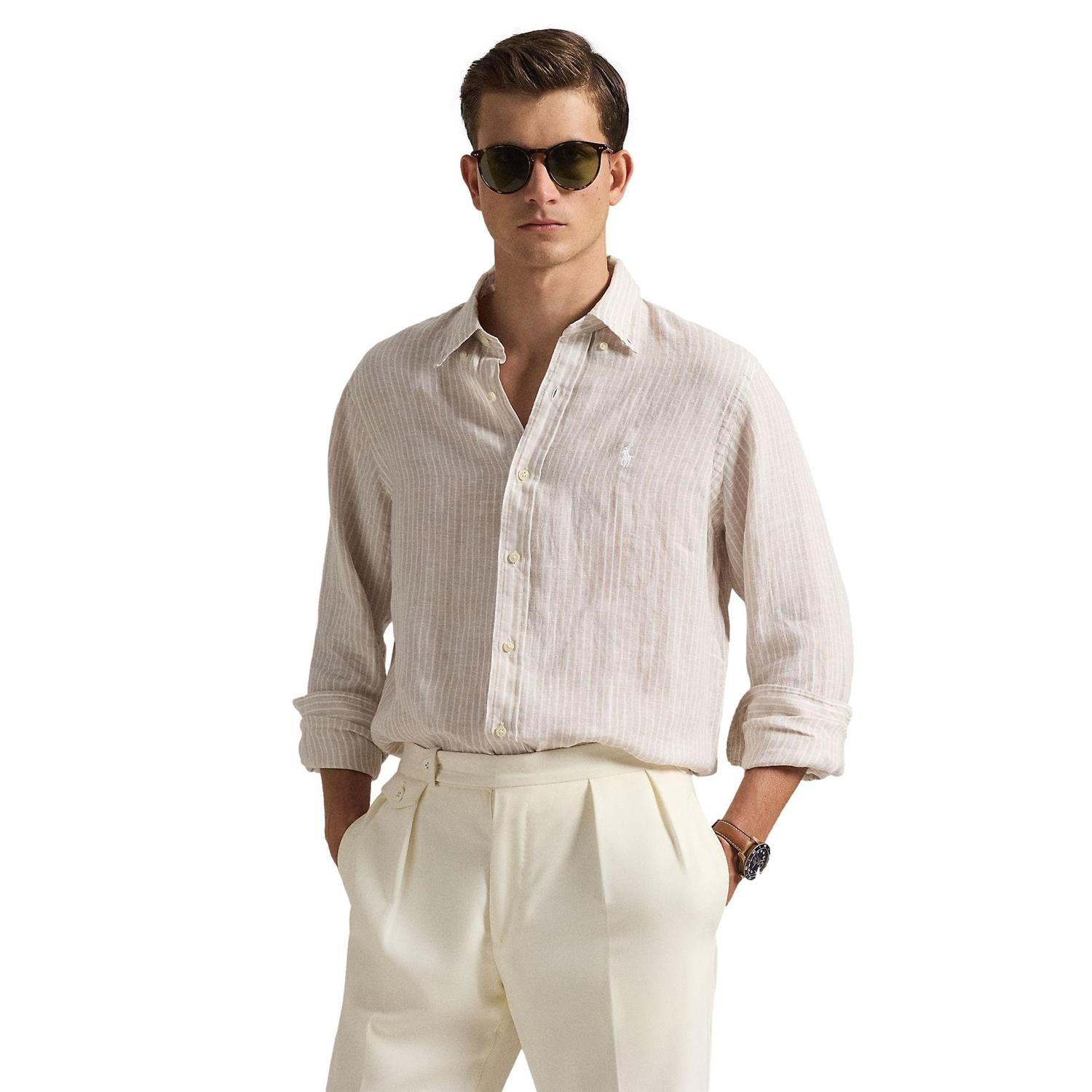 Polo Ralph Lauren Custom Fit Striped Linen Shirt Skjorte Lys-Beige - chrismoa.no