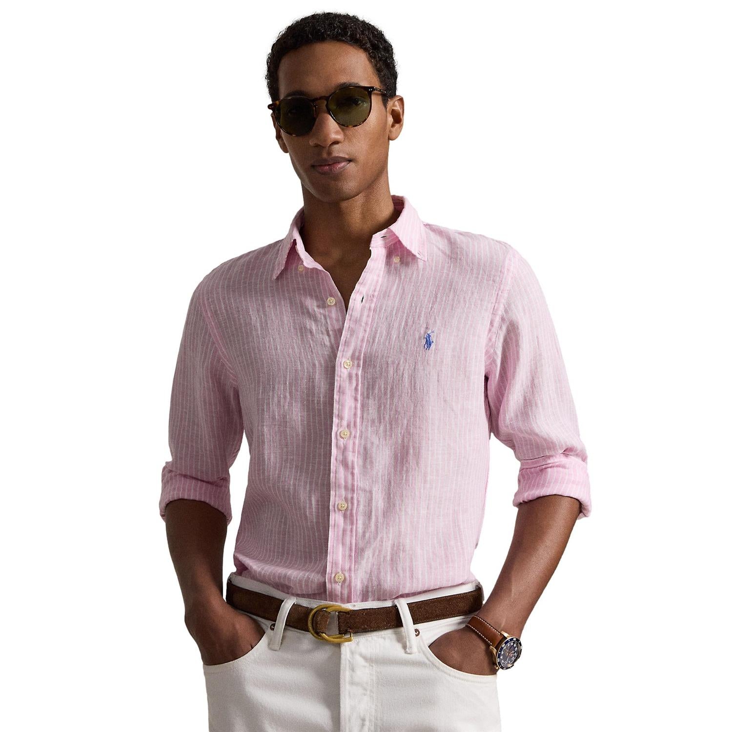 Polo Ralph Lauren Custom Fit Striped Linen Shirt Skjorte Rosa - chrismoa.no